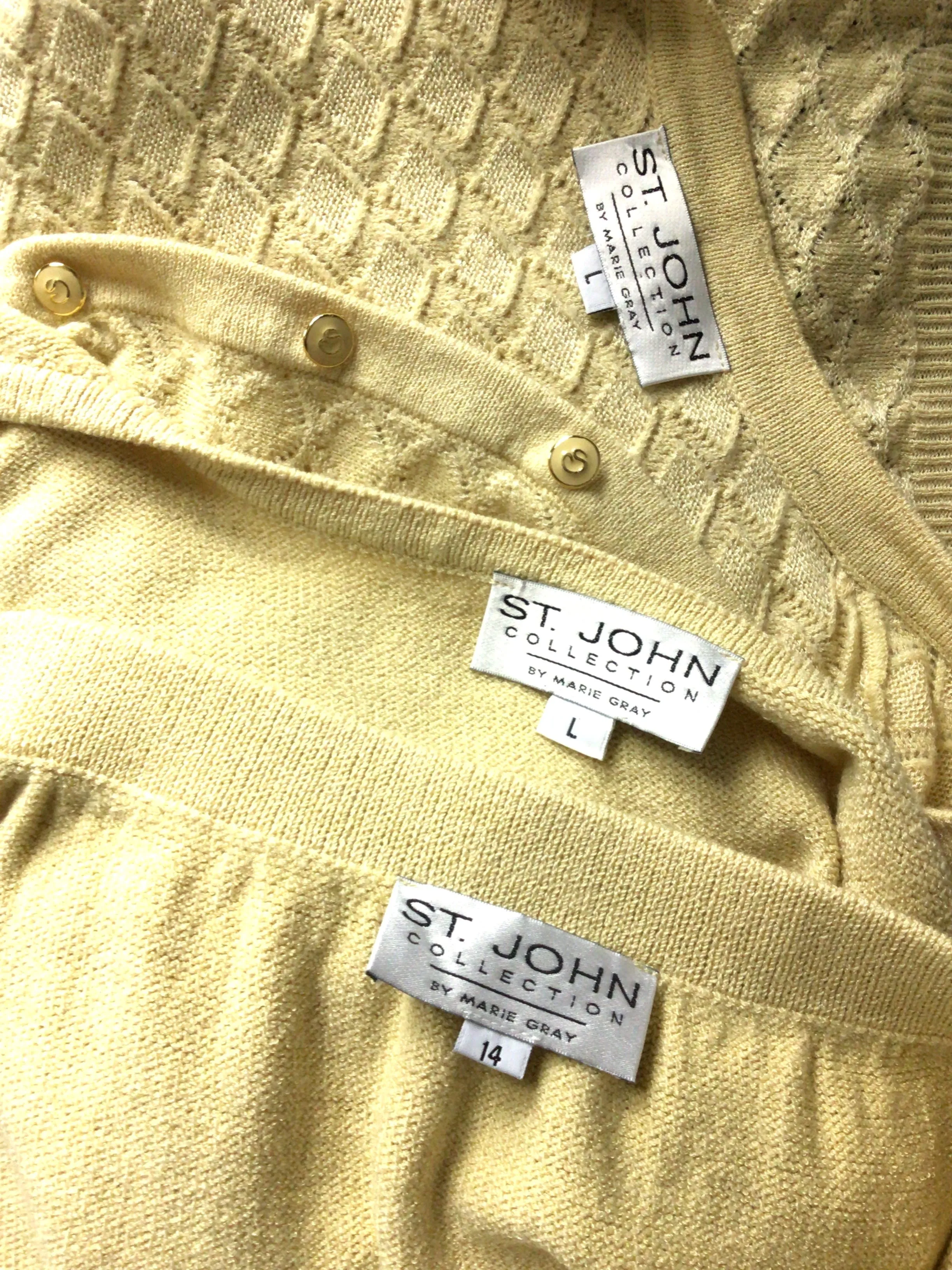 00's Yellow Knit Three Piece Skirt Cardigan Sweater Suit Set by St. John