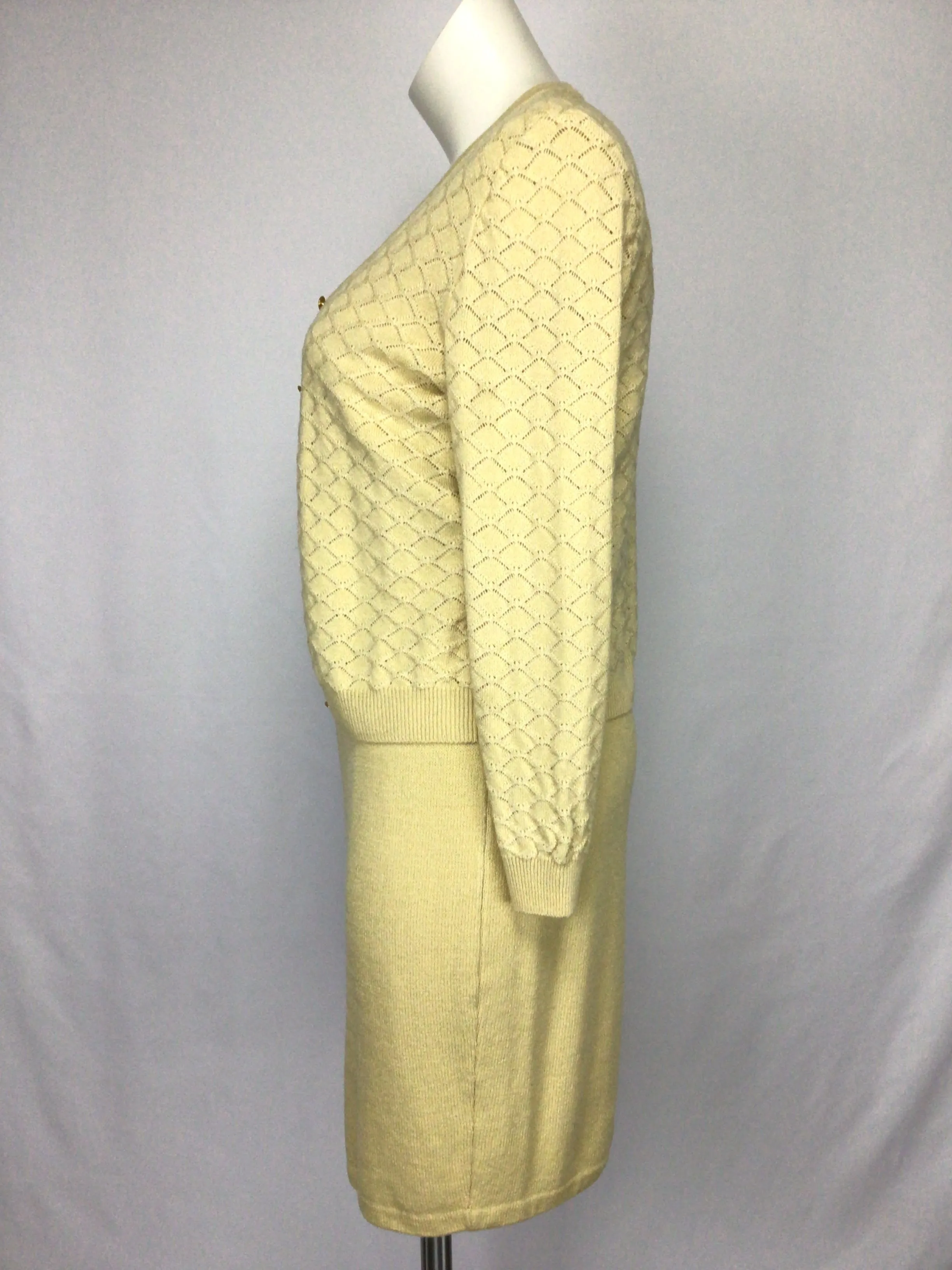 00's Yellow Knit Three Piece Skirt Cardigan Sweater Suit Set by St. John