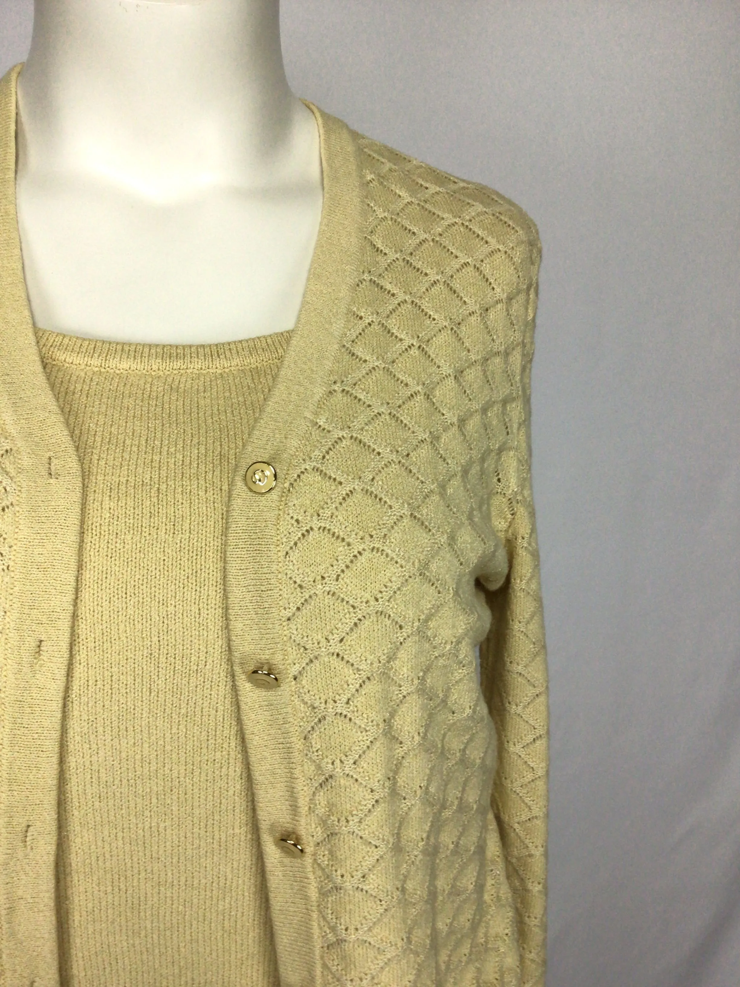 00's Yellow Knit Three Piece Skirt Cardigan Sweater Suit Set by St. John