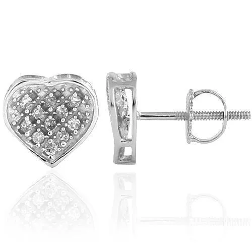 10K White Solid Gold Womens Classy Heart Earrings With White Diamonds 0.10 Ctw