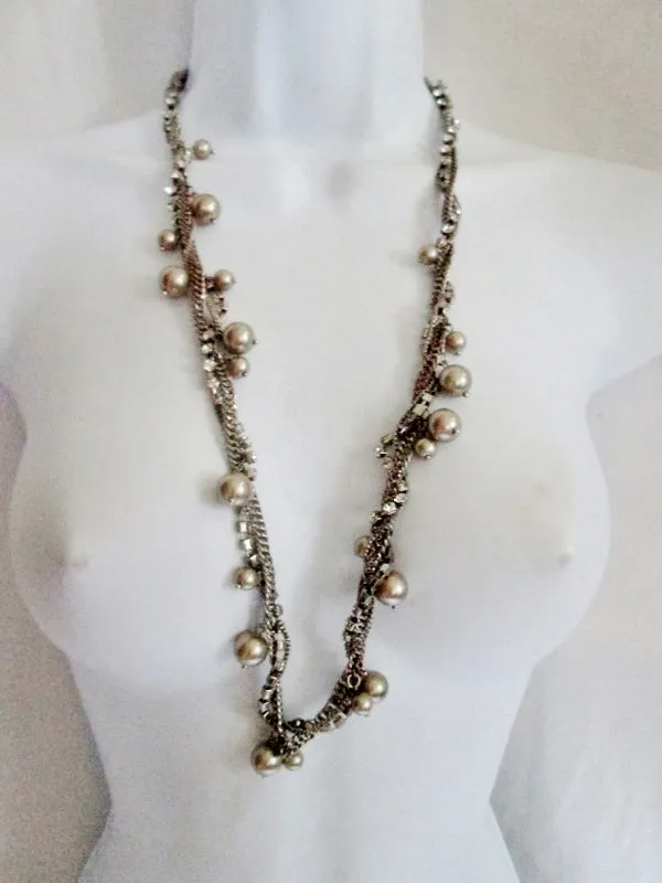 30" J. CREW Triple Strand CHAINLINK RHINESTONE Faux Pearl Necklace SILVER Statement