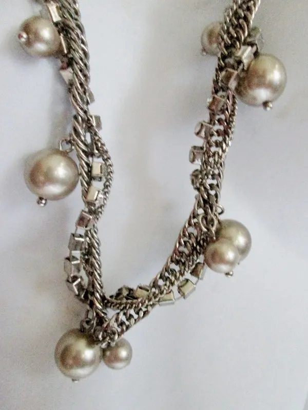 30" J. CREW Triple Strand CHAINLINK RHINESTONE Faux Pearl Necklace SILVER Statement