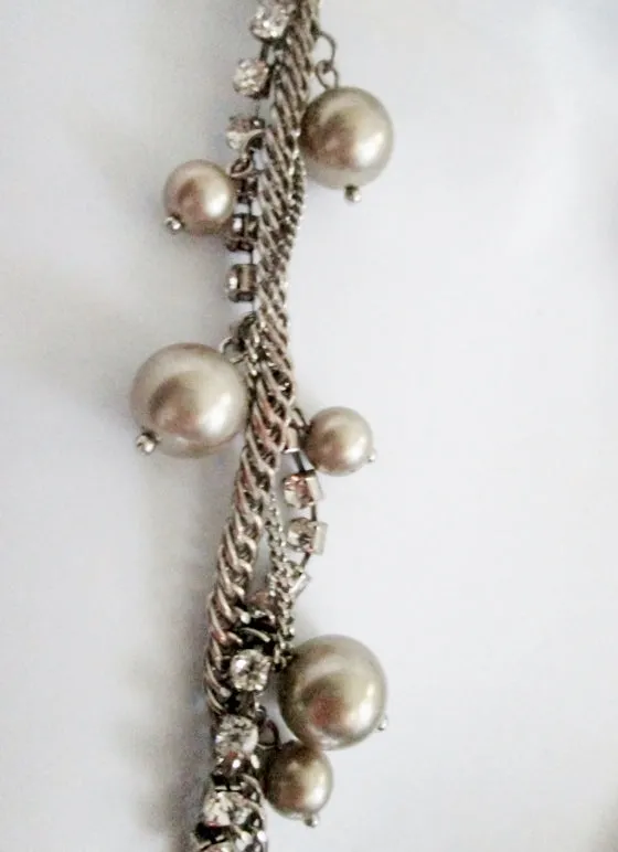 30" J. CREW Triple Strand CHAINLINK RHINESTONE Faux Pearl Necklace SILVER Statement