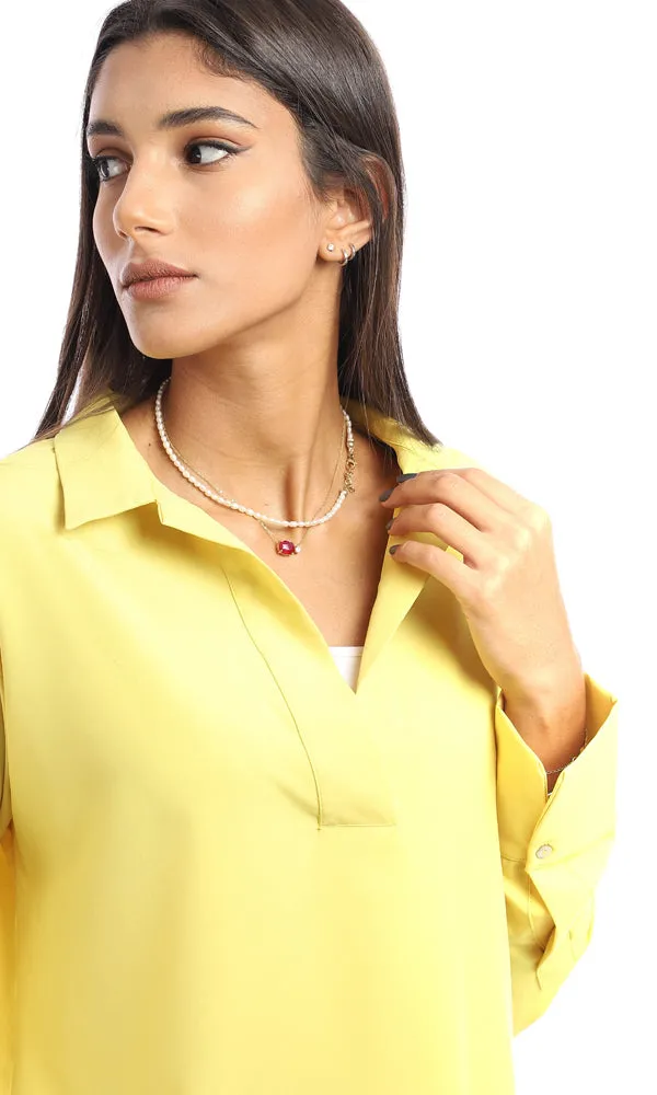 94818 Rayon Classic Collar Plain Blouse - Lime Yellow