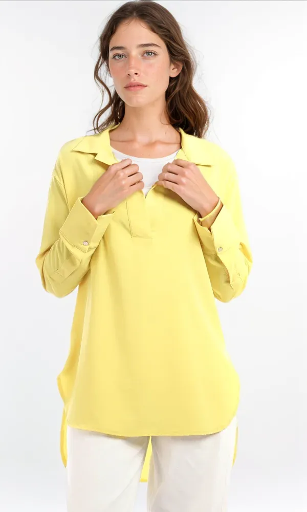 94818 Rayon Classic Collar Plain Blouse - Lime Yellow