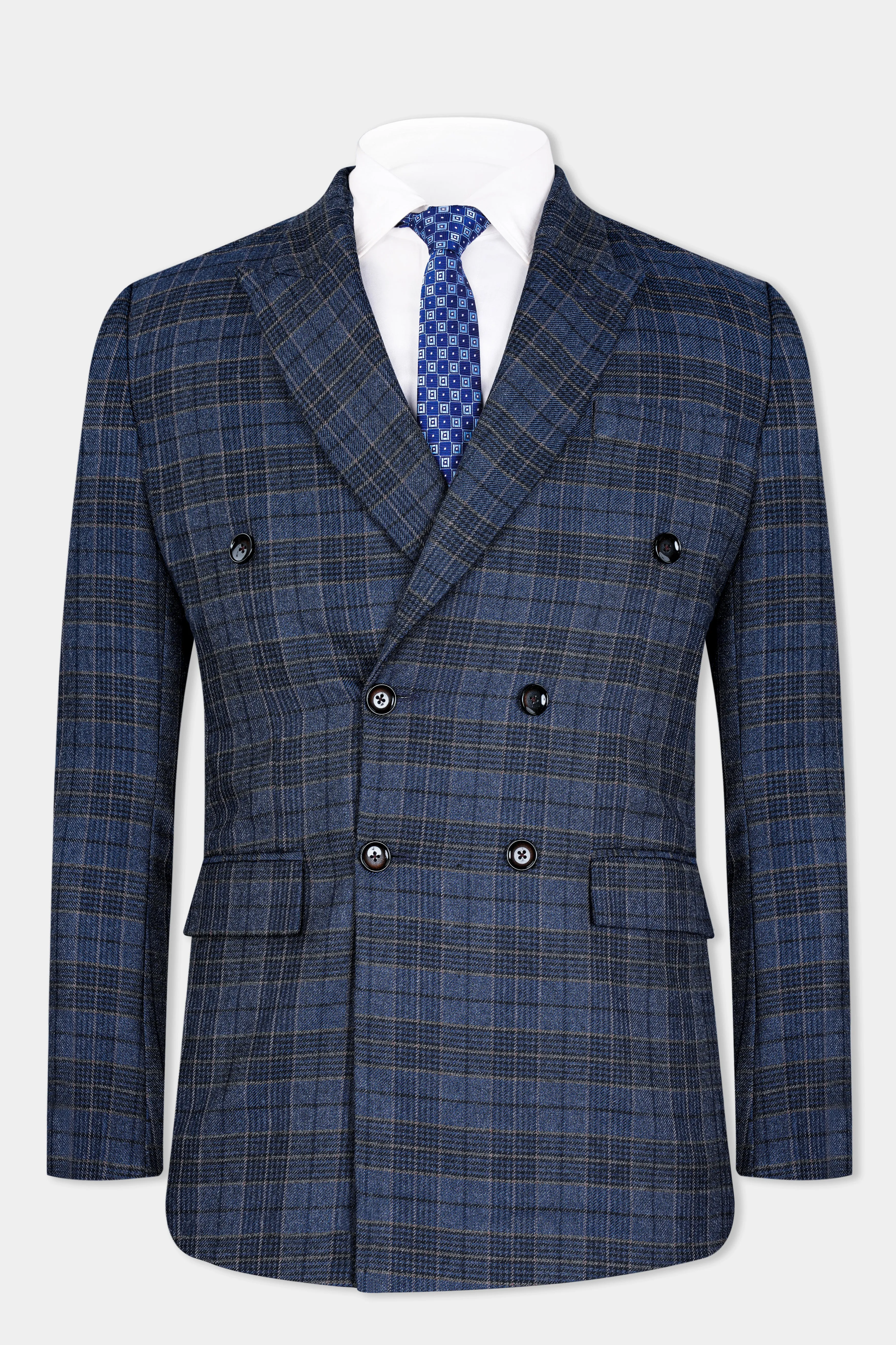 Aegean Blue and Ebony Clay Blue Plaid Tweed Double Breasted Blazer