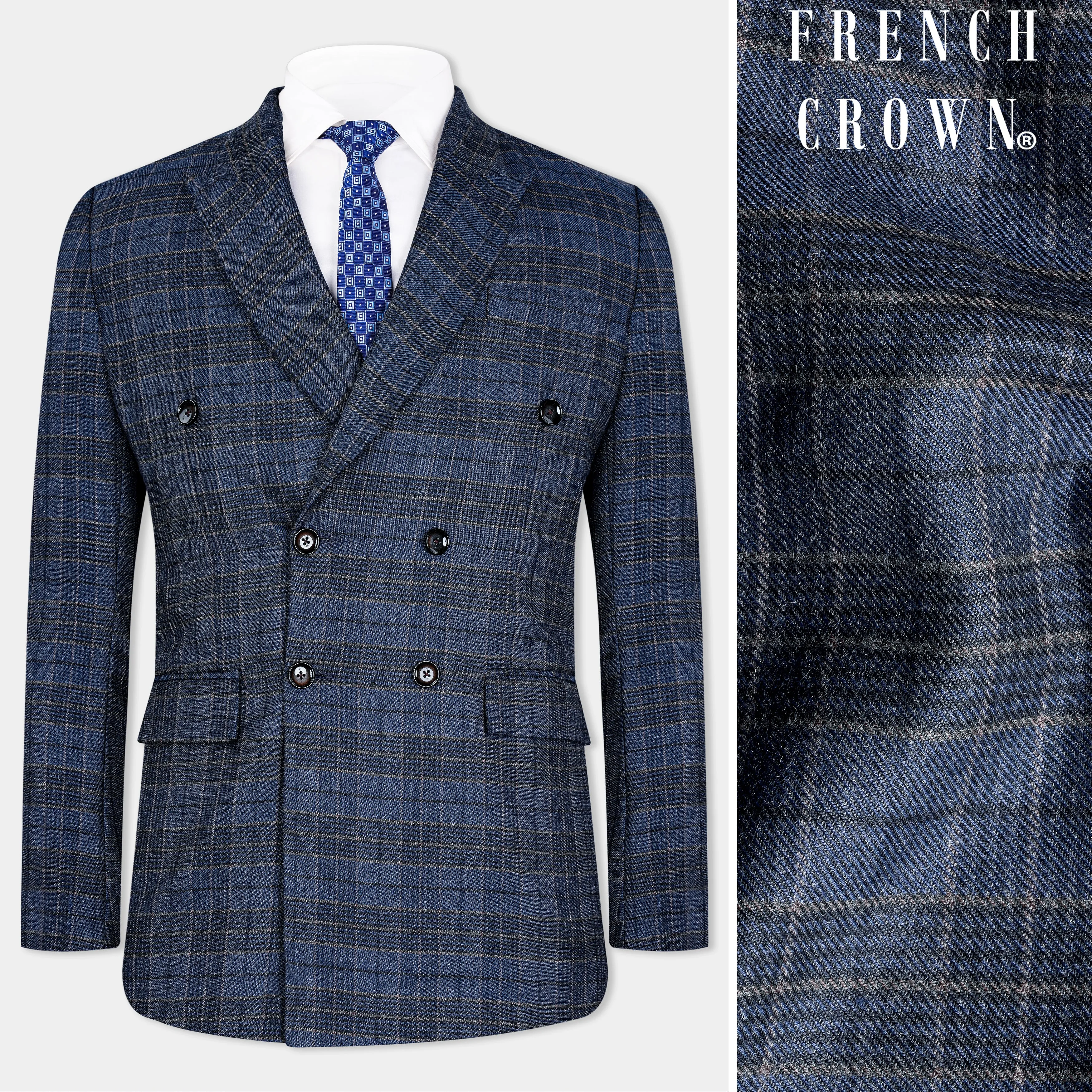 Aegean Blue and Ebony Clay Blue Plaid Tweed Double Breasted Blazer