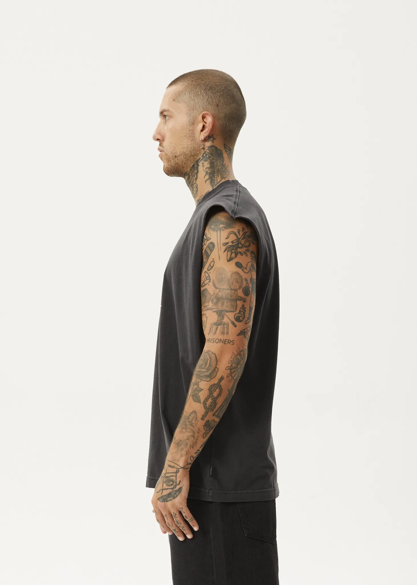 AFENDS Mens Bad Luck - Sleeveless Tee - Stone Black