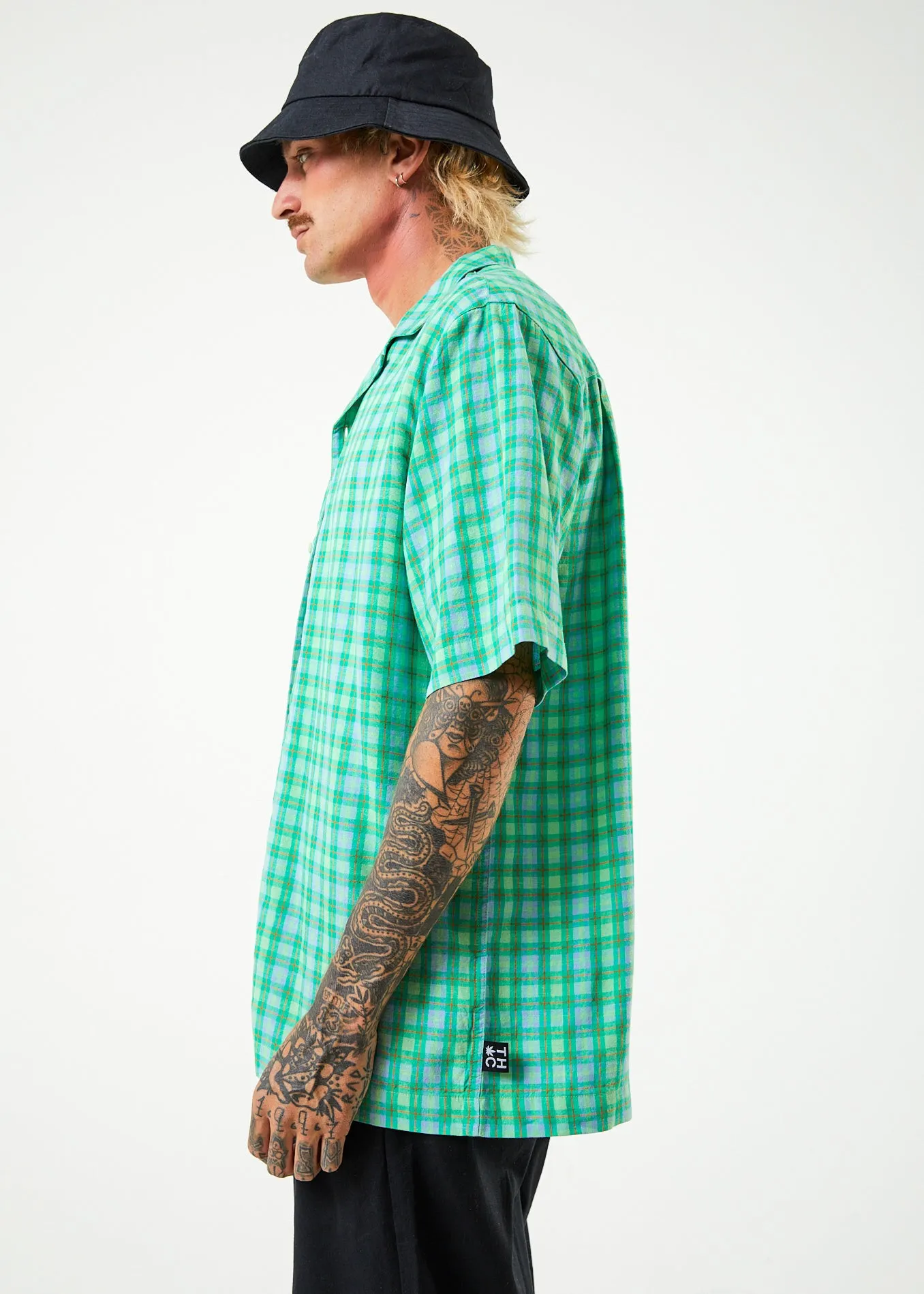 AFENDS Mens Meadows - Check Cuban Short Sleeve Shirt - Forest Check