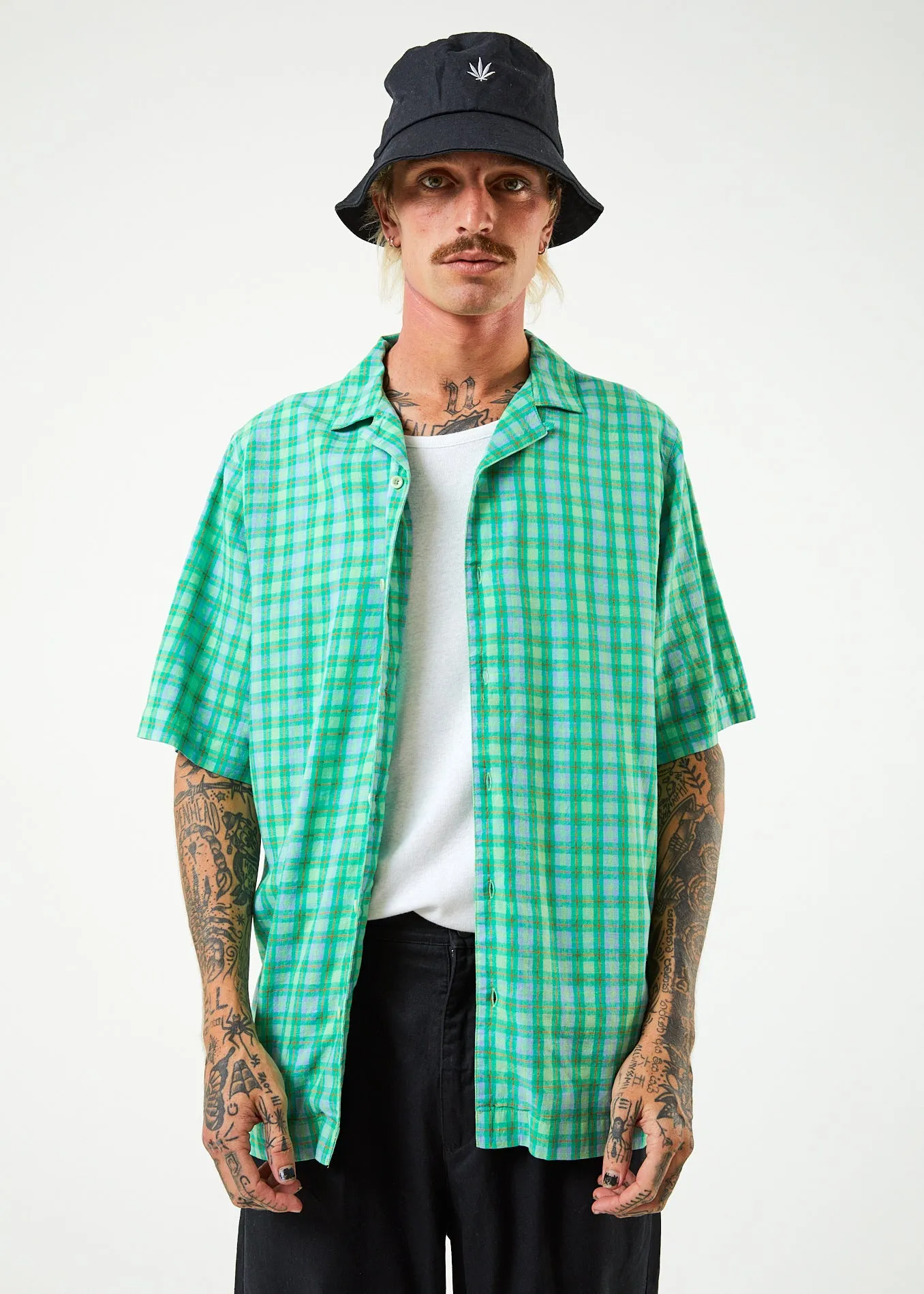 AFENDS Mens Meadows - Check Cuban Short Sleeve Shirt - Forest Check