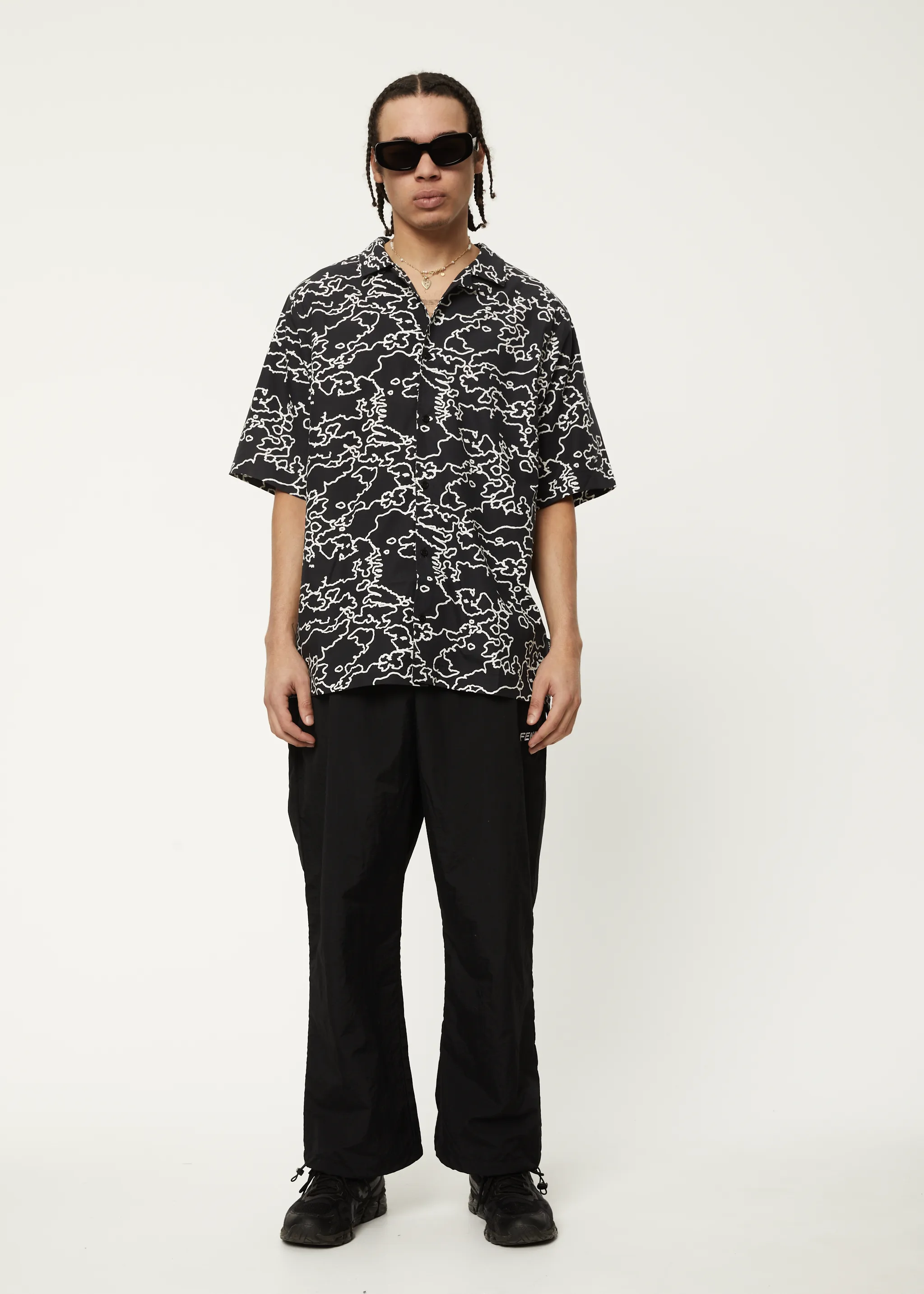 AFENDS Mens Script - Cuban Short Sleeve Shirt - Black Camo