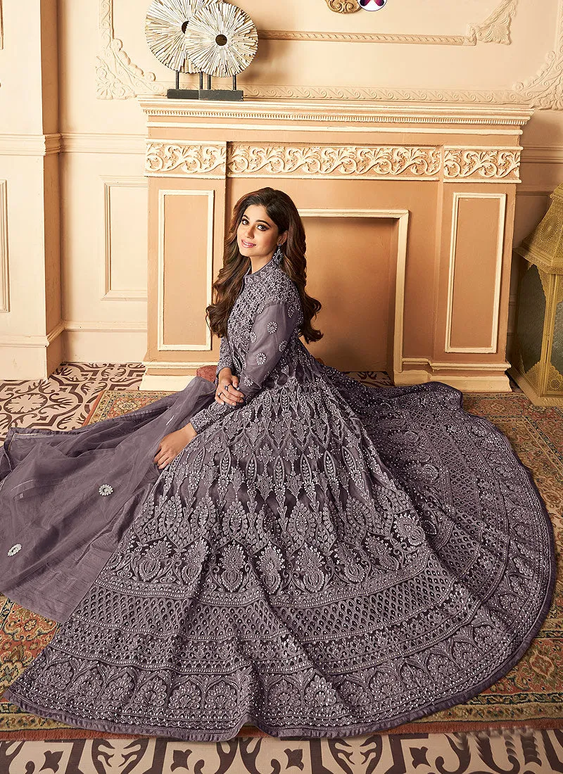 Alluring Dark Grey Shamita Shetty Designer Anarkali