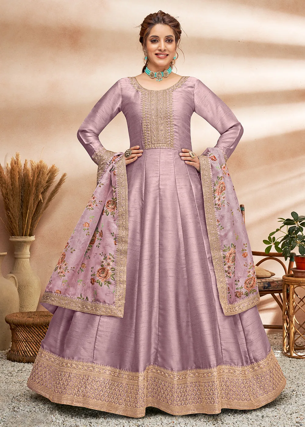 Appealing Mauve Art Silk Embellished Wedding & Party Wear Anarkali