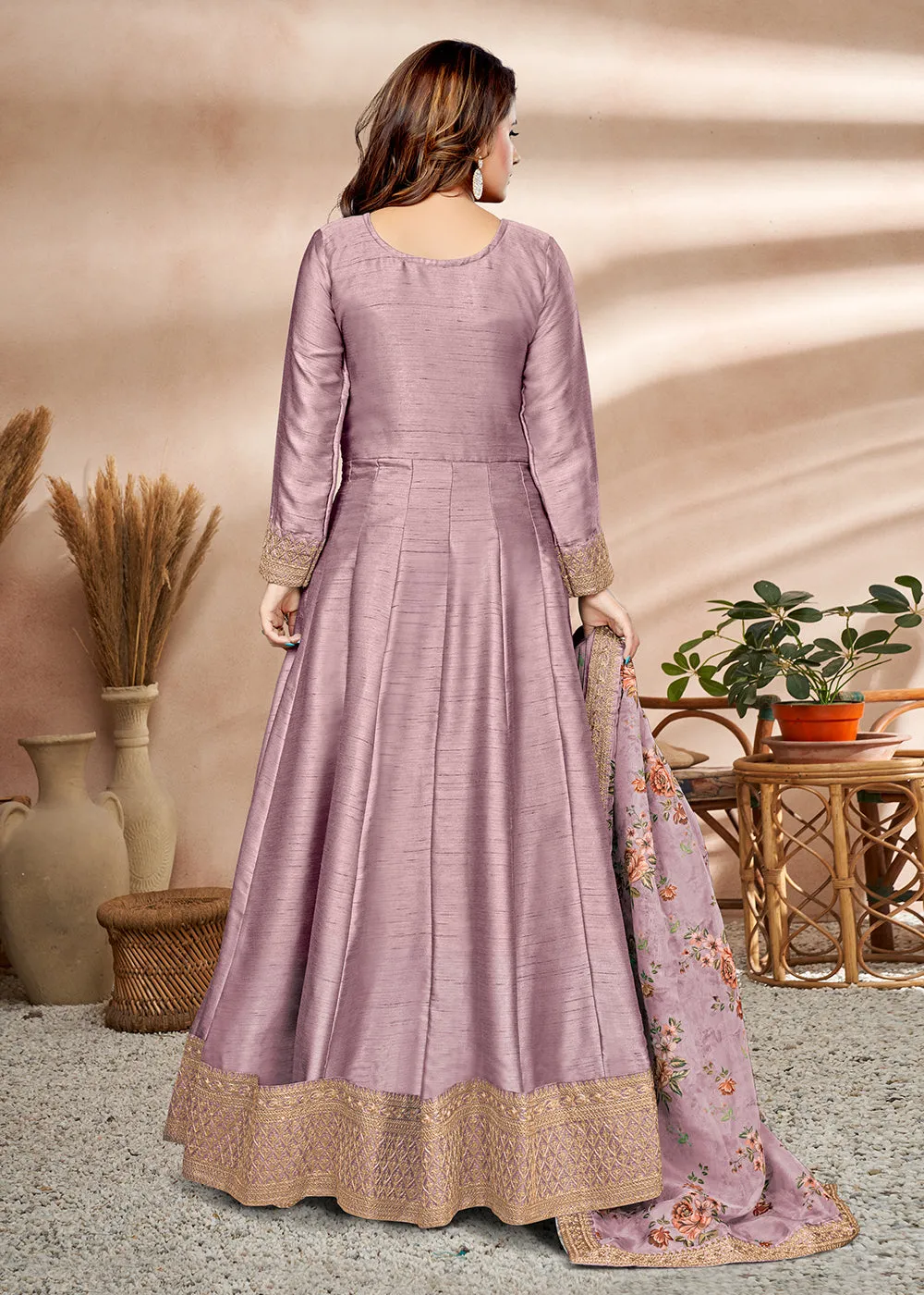 Appealing Mauve Art Silk Embellished Wedding & Party Wear Anarkali