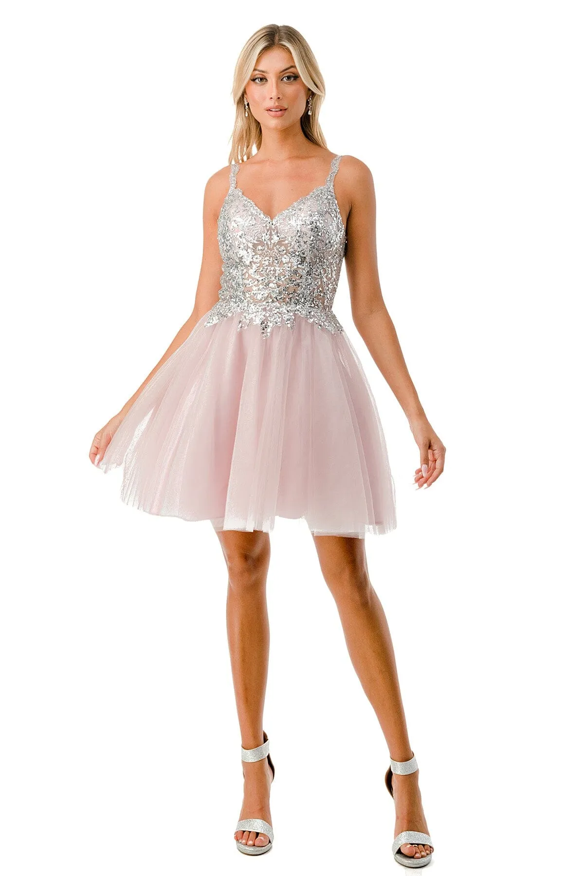 Applique Short V-Neck Tulle Dress by Coya S2757J