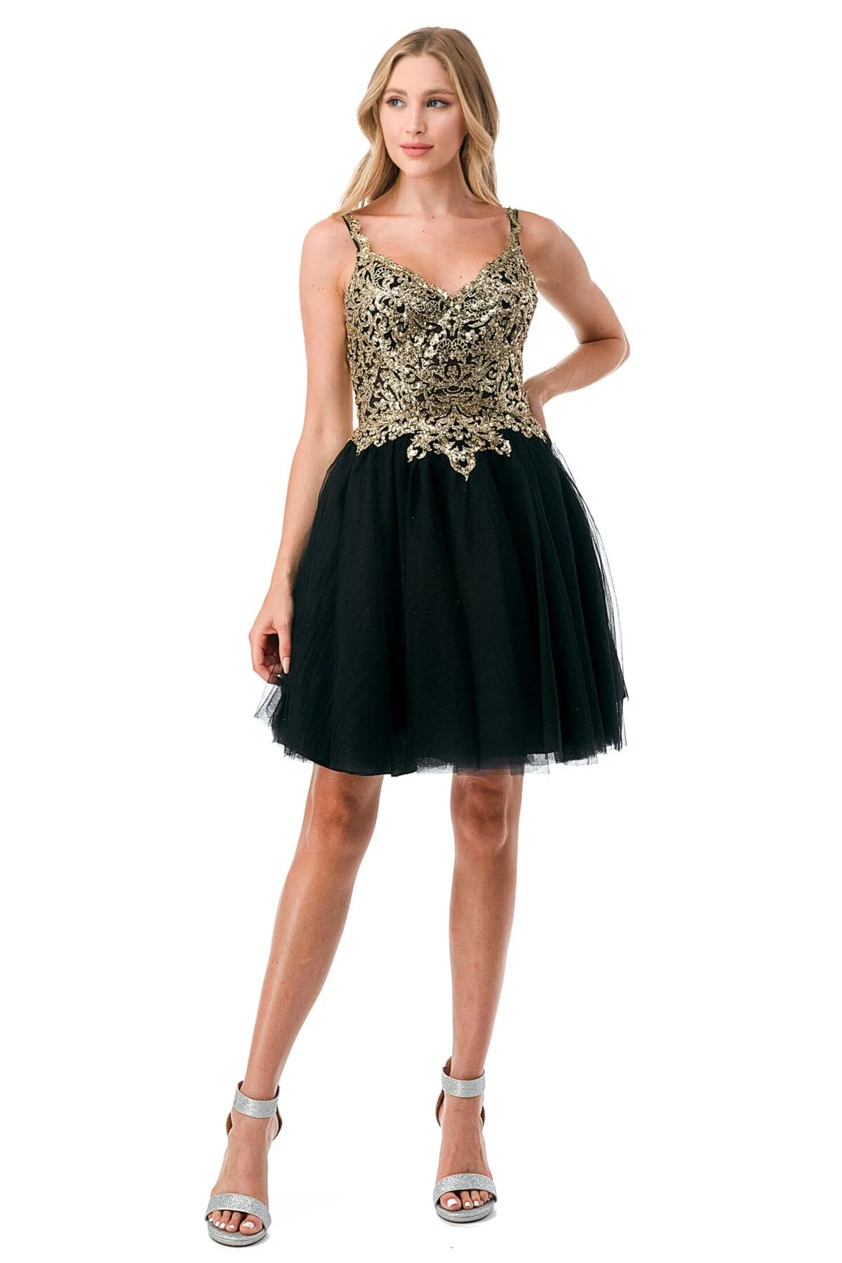 Applique Short V-Neck Tulle Dress by Coya S2757J