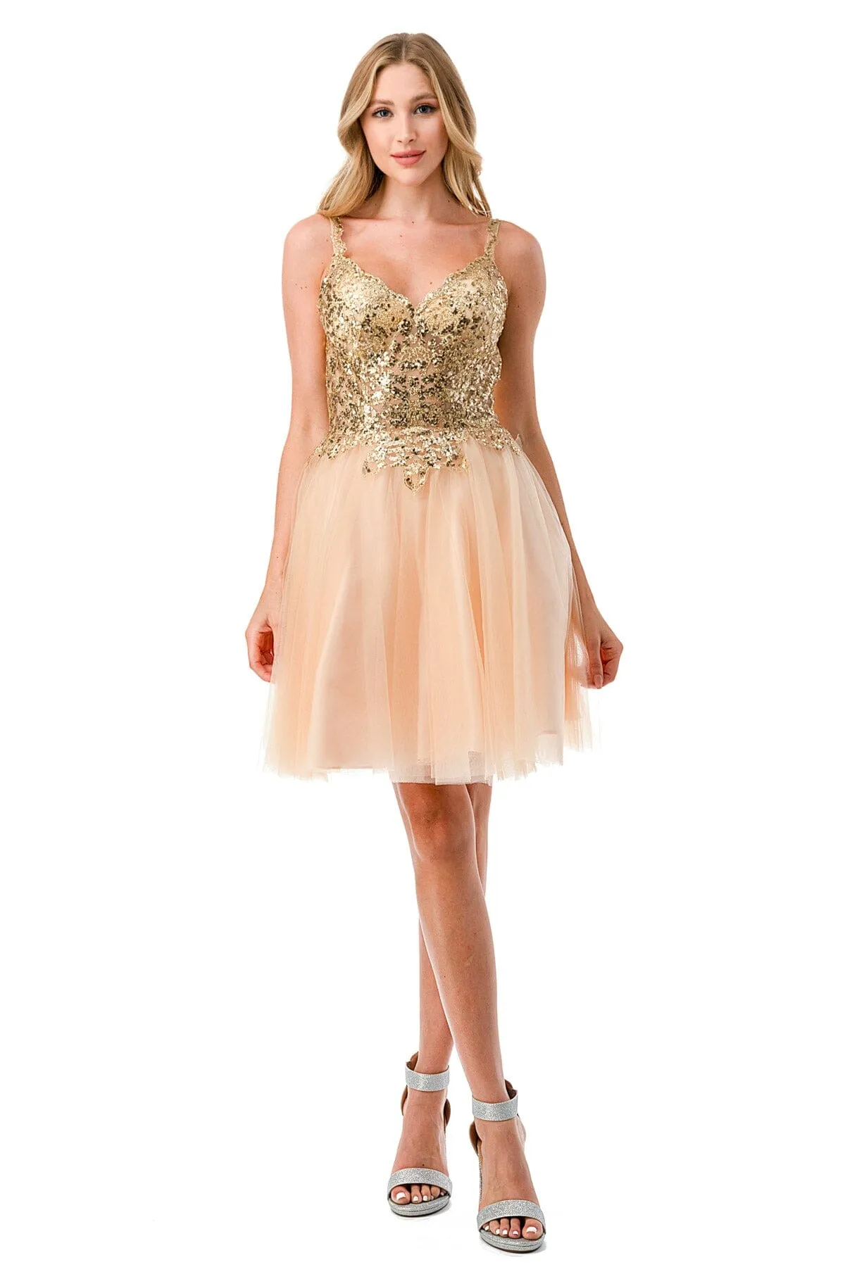 Applique Short V-Neck Tulle Dress by Coya S2757J