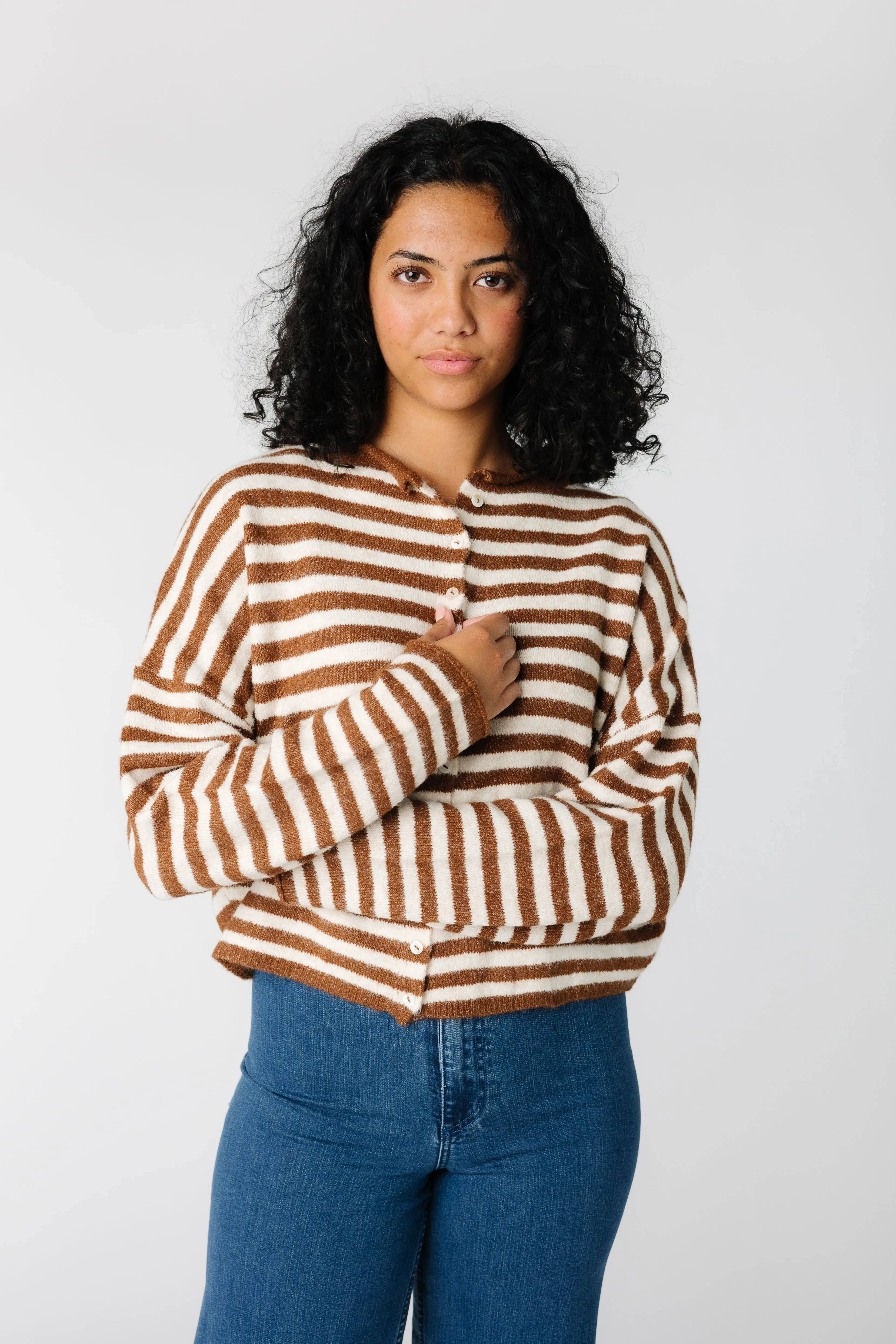 Aria Stripe Cardigan - Ivory & Brown