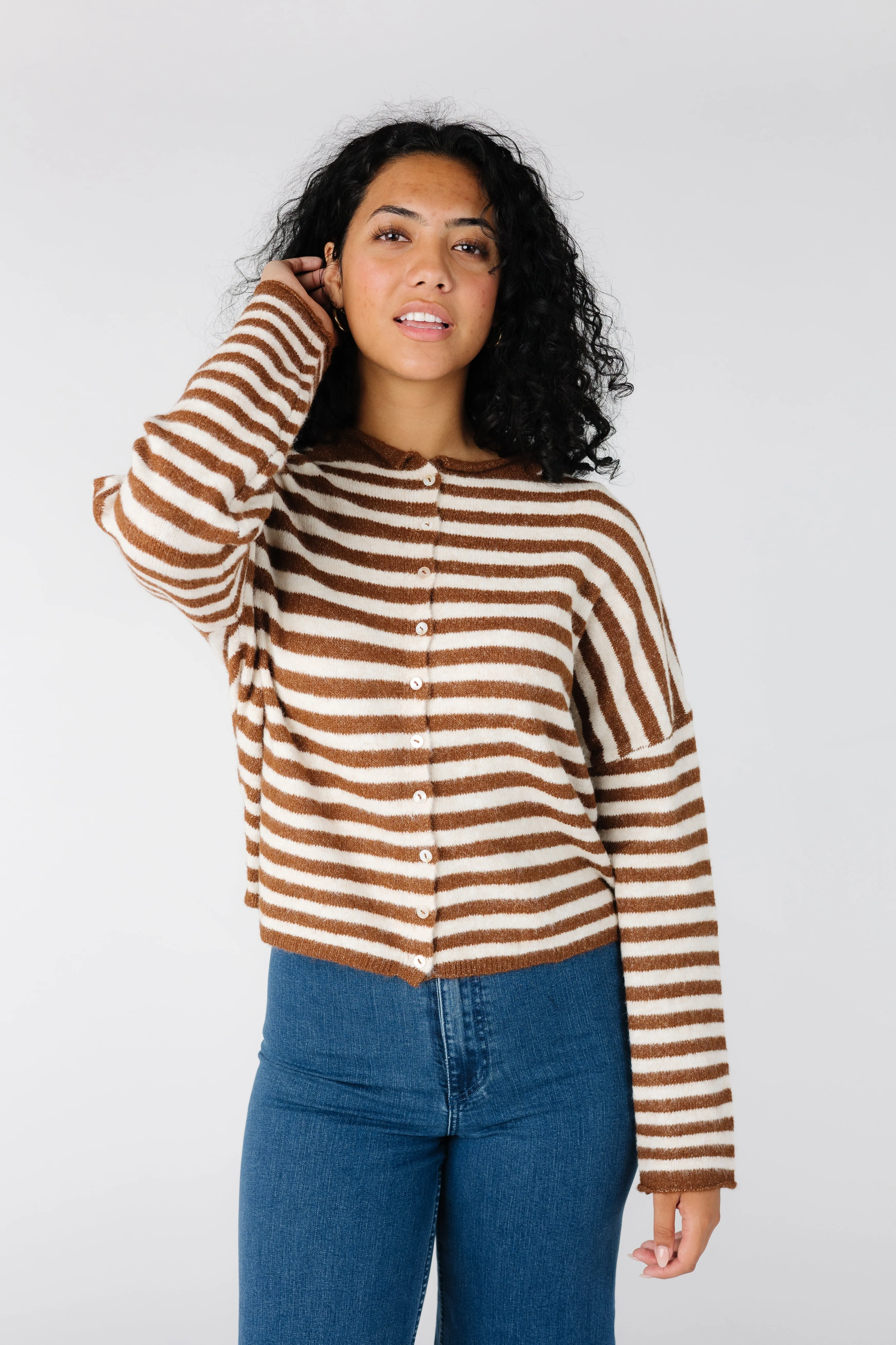 Aria Stripe Cardigan - Ivory & Brown