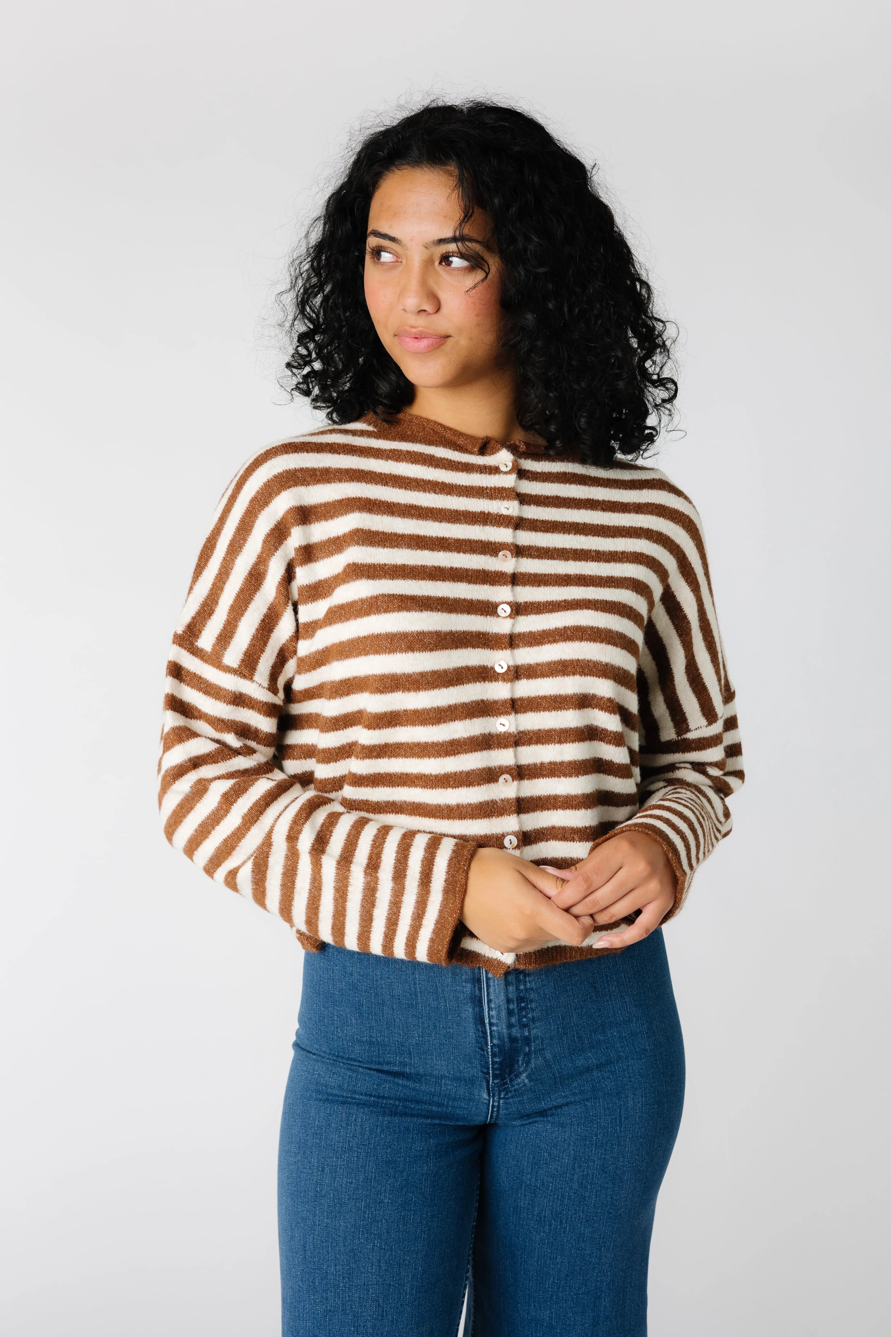 Aria Stripe Cardigan - Ivory & Brown