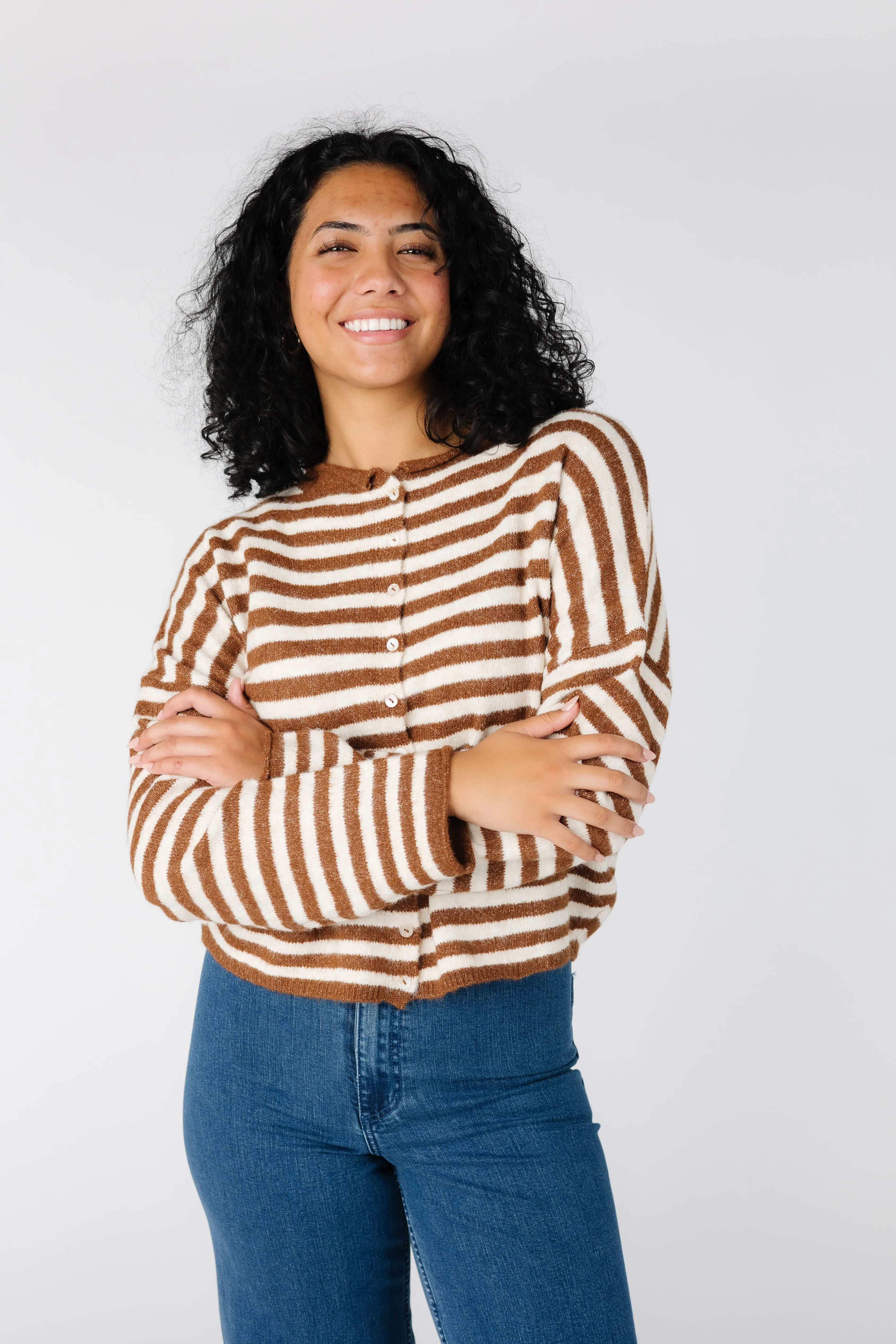 Aria Stripe Cardigan - Ivory & Brown