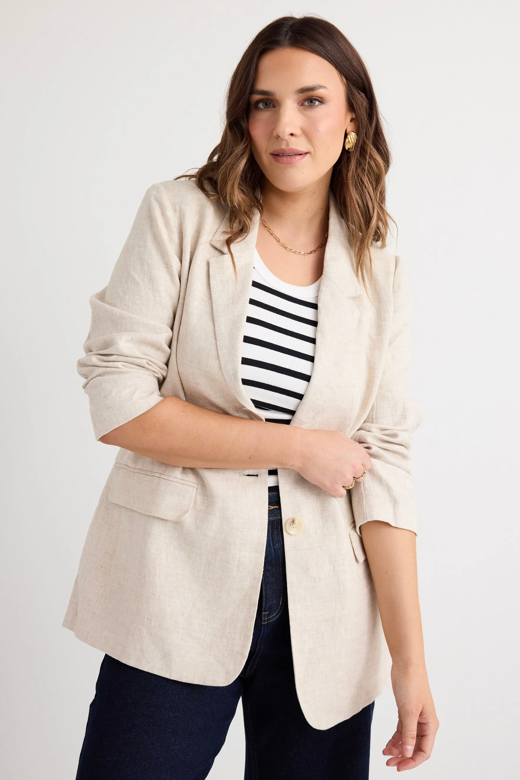 Aster Natural Linen Single Breasted Longline Blazer