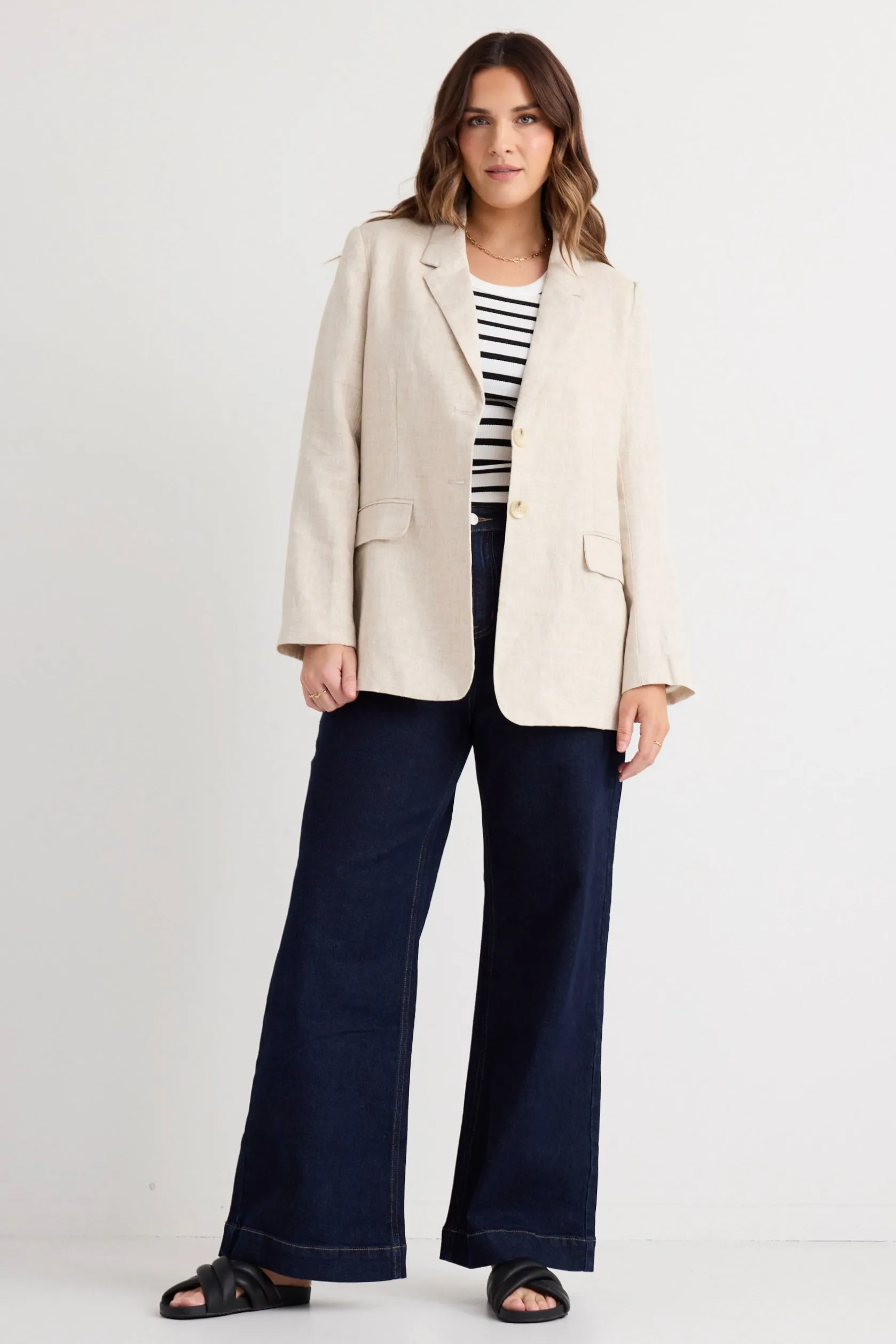 Aster Natural Linen Single Breasted Longline Blazer