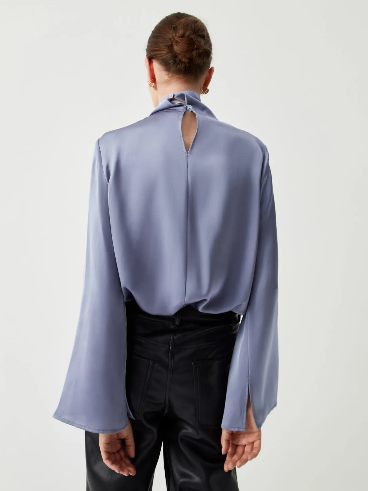 Asymmetric Pleated Graceful Turtleneck Satin Shirt