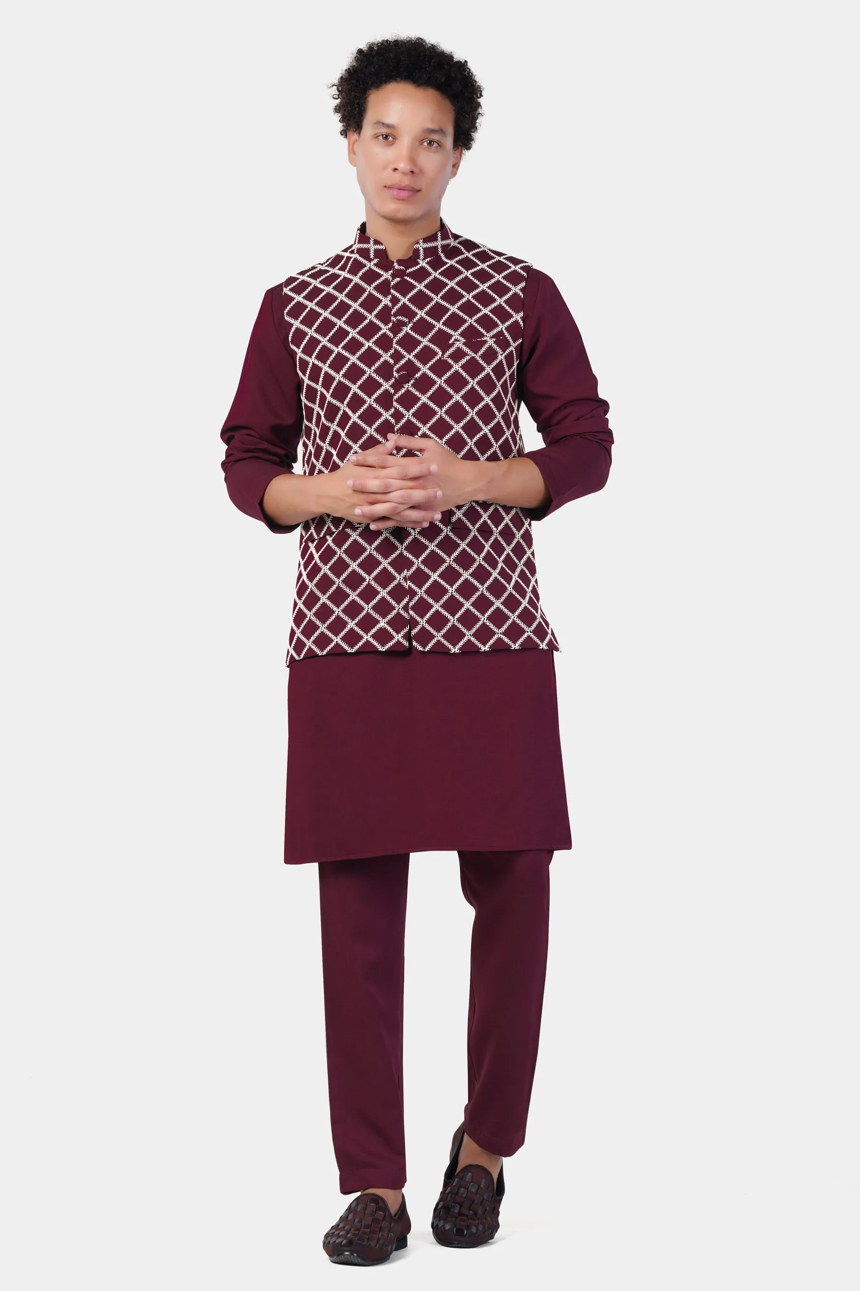 Aubergine Maroon Subtle Sheen Viscose Kurta Set with Geometric Pattern Thread Embroidered Designer Nehru Jacket