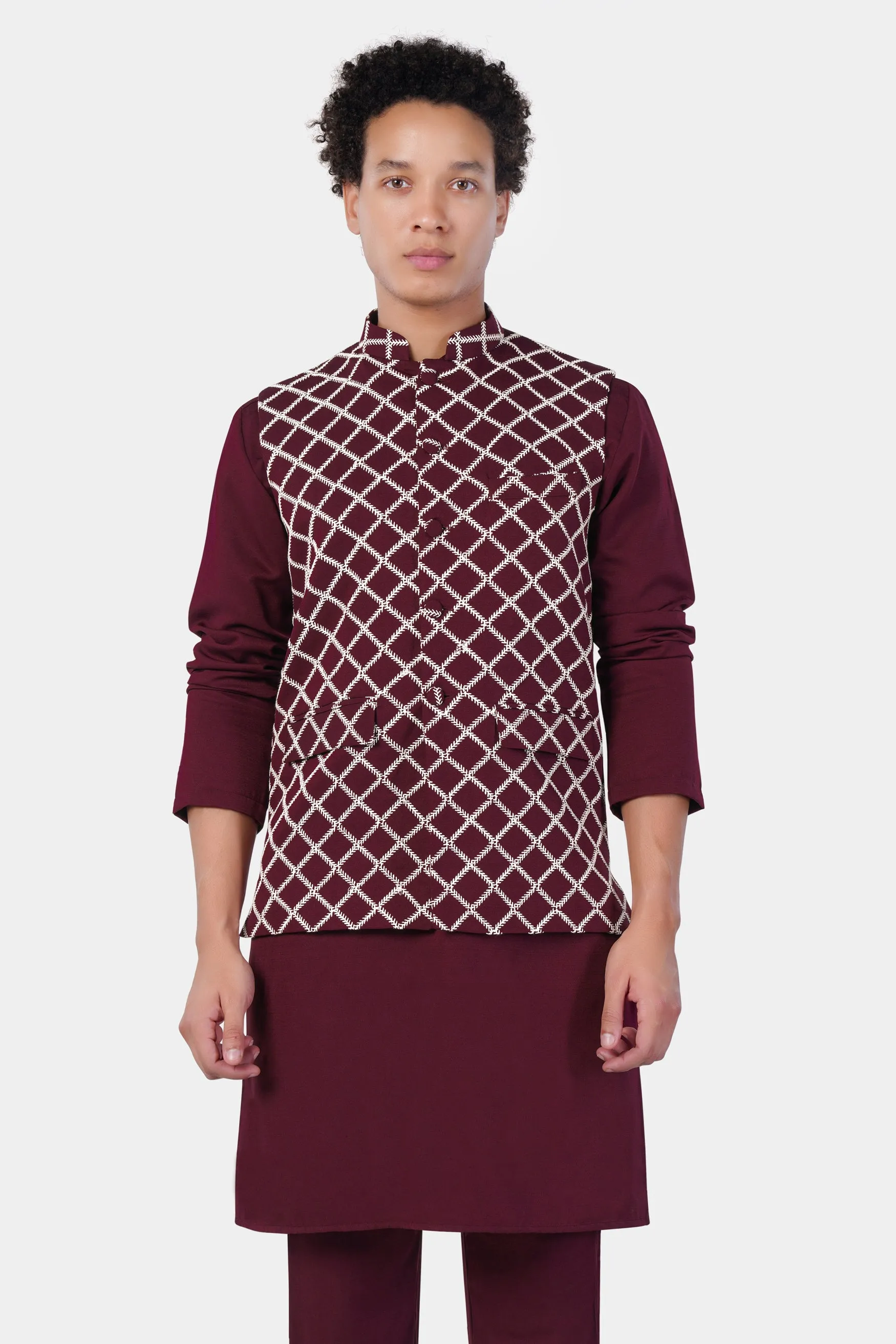 Aubergine Maroon Subtle Sheen Viscose Kurta Set with Geometric Pattern Thread Embroidered Designer Nehru Jacket