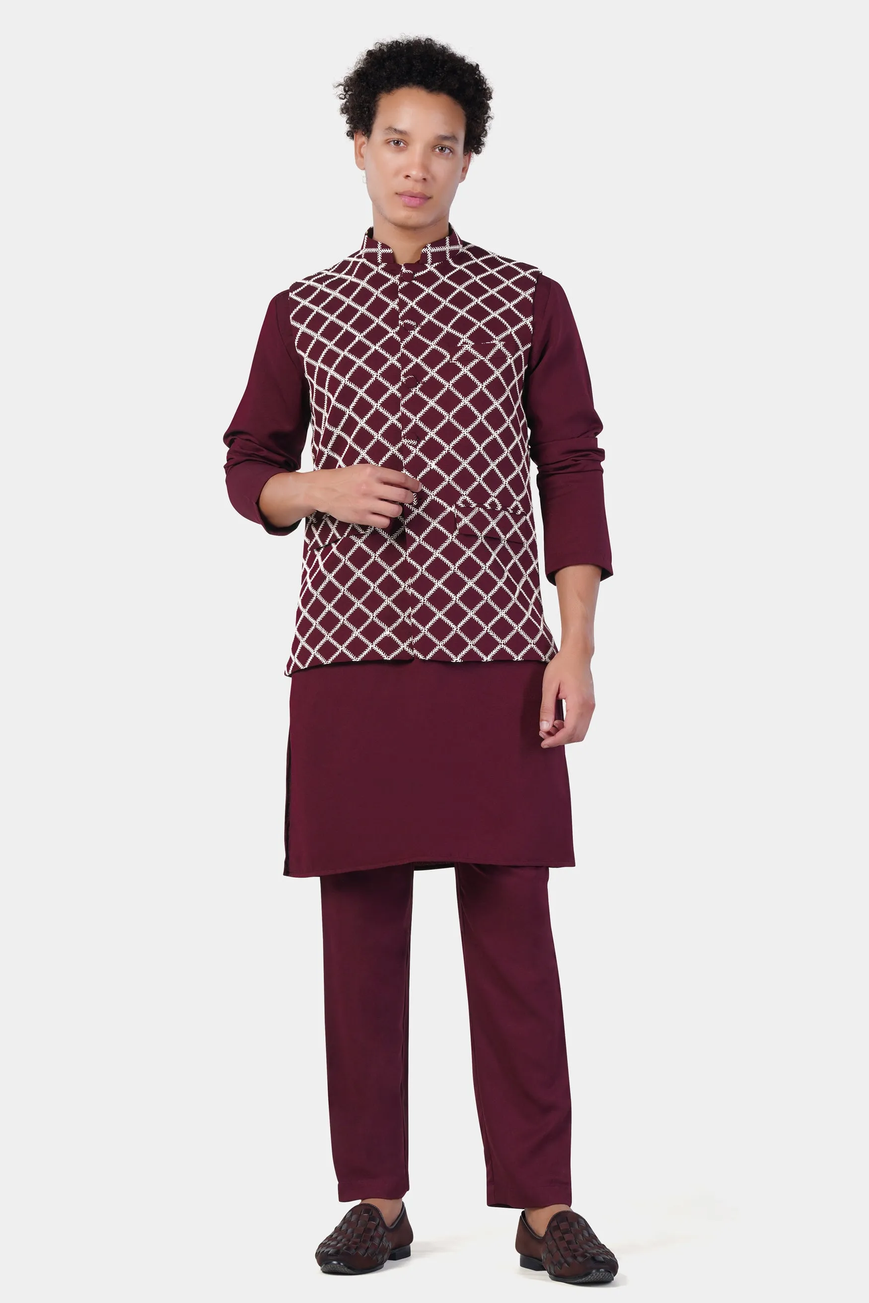 Aubergine Maroon Subtle Sheen Viscose Kurta Set with Geometric Pattern Thread Embroidered Designer Nehru Jacket