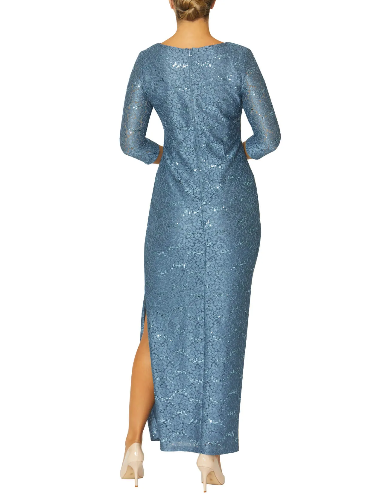 Aurelia Steel Blue Stretch Lace Gown