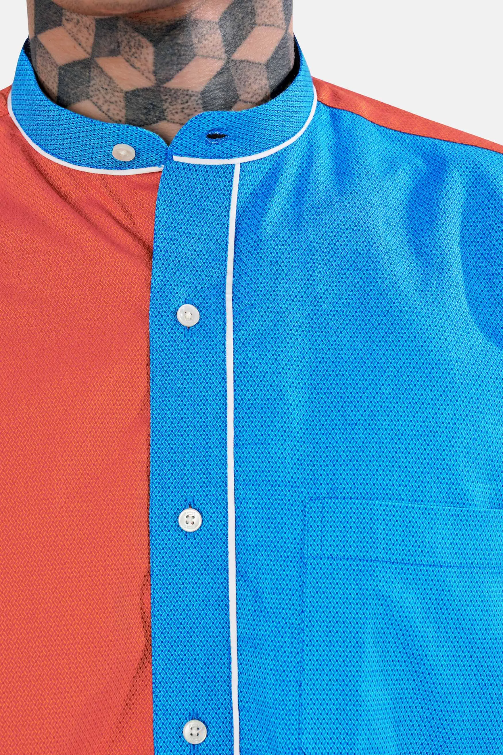 Azul Blue and Bittersweet Orange Dobby Textured Premium Giza Cotton Designer Shirt