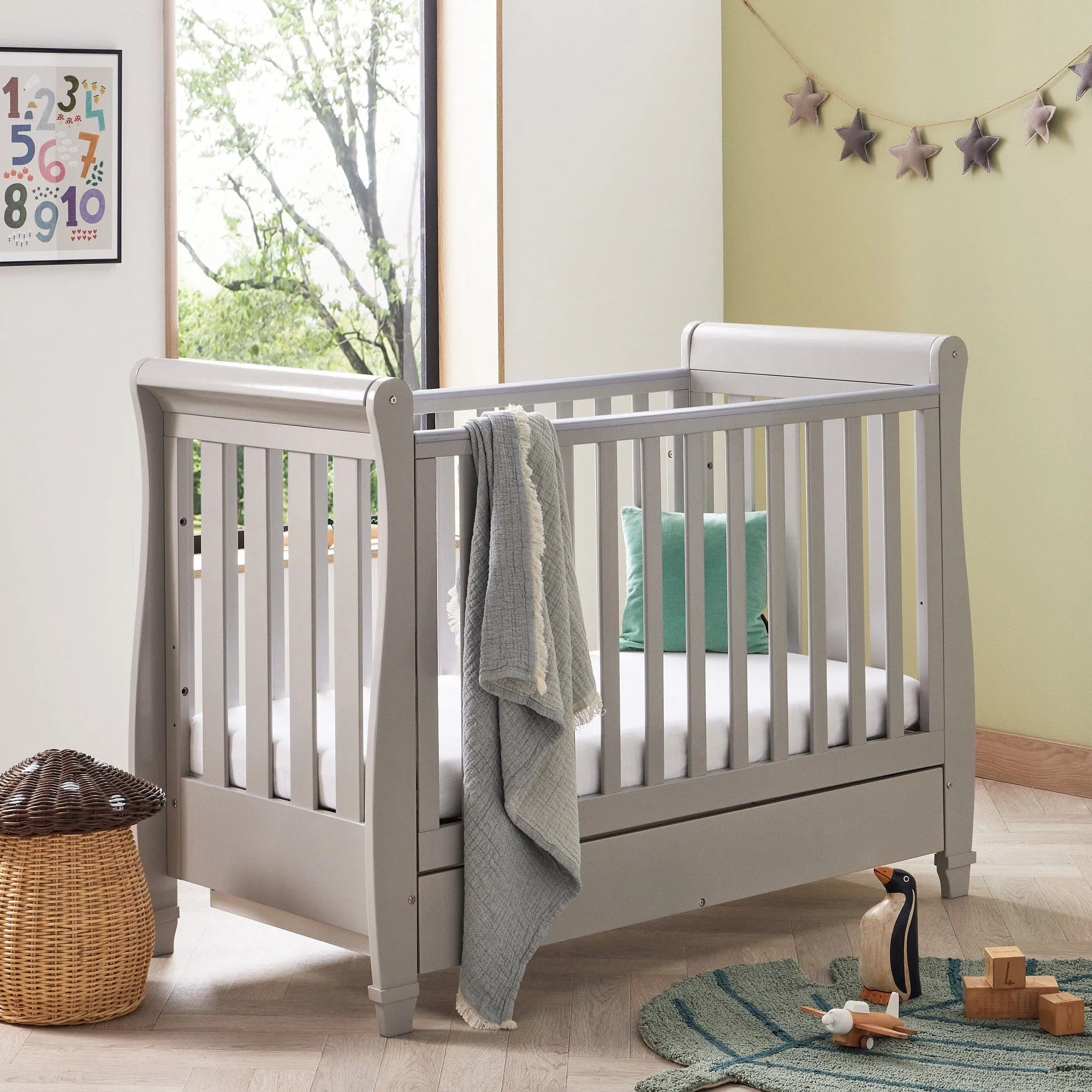 Babymore Eva Drop Side Cot Bed with Drawer - Grey