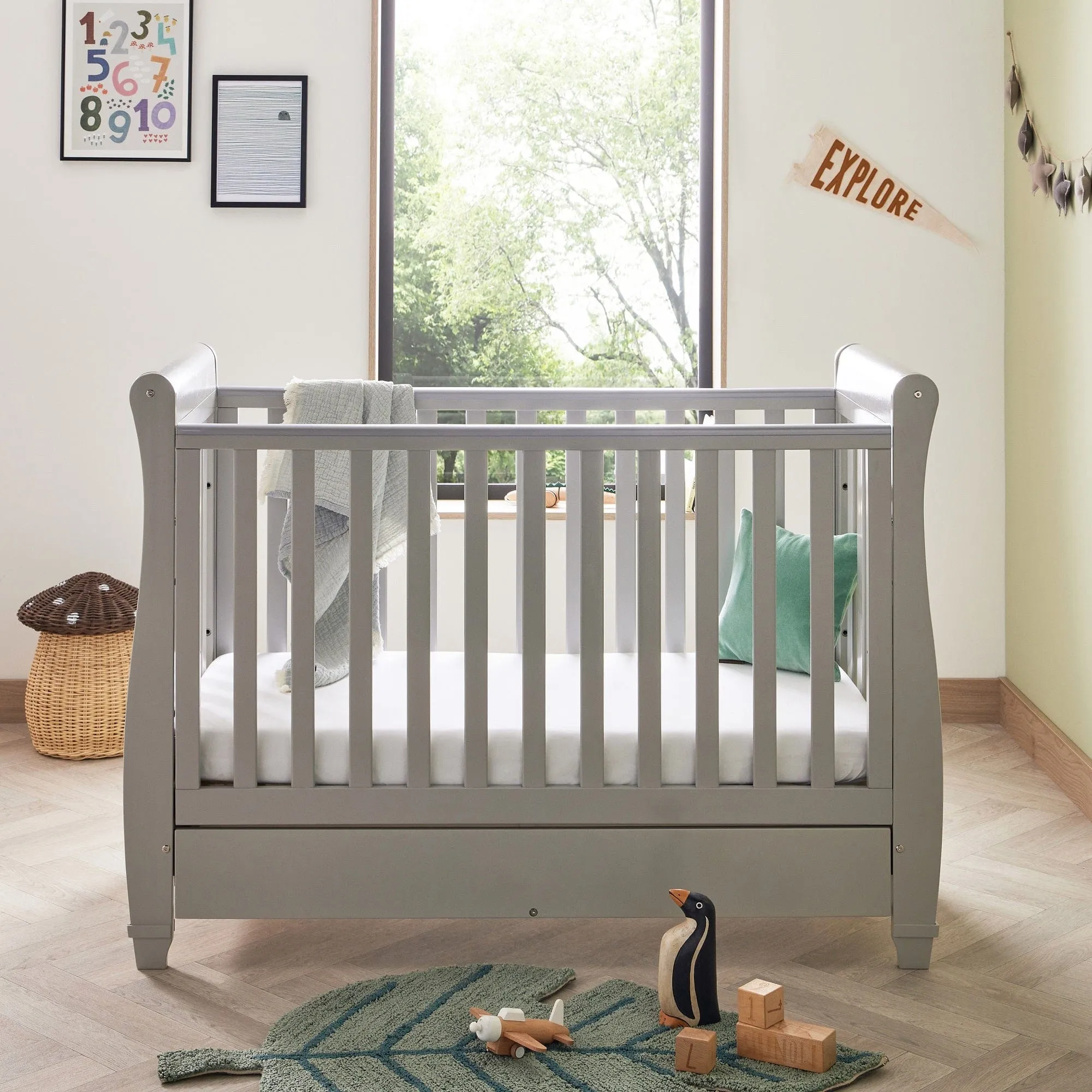 Babymore Eva Drop Side Cot Bed with Drawer - Grey