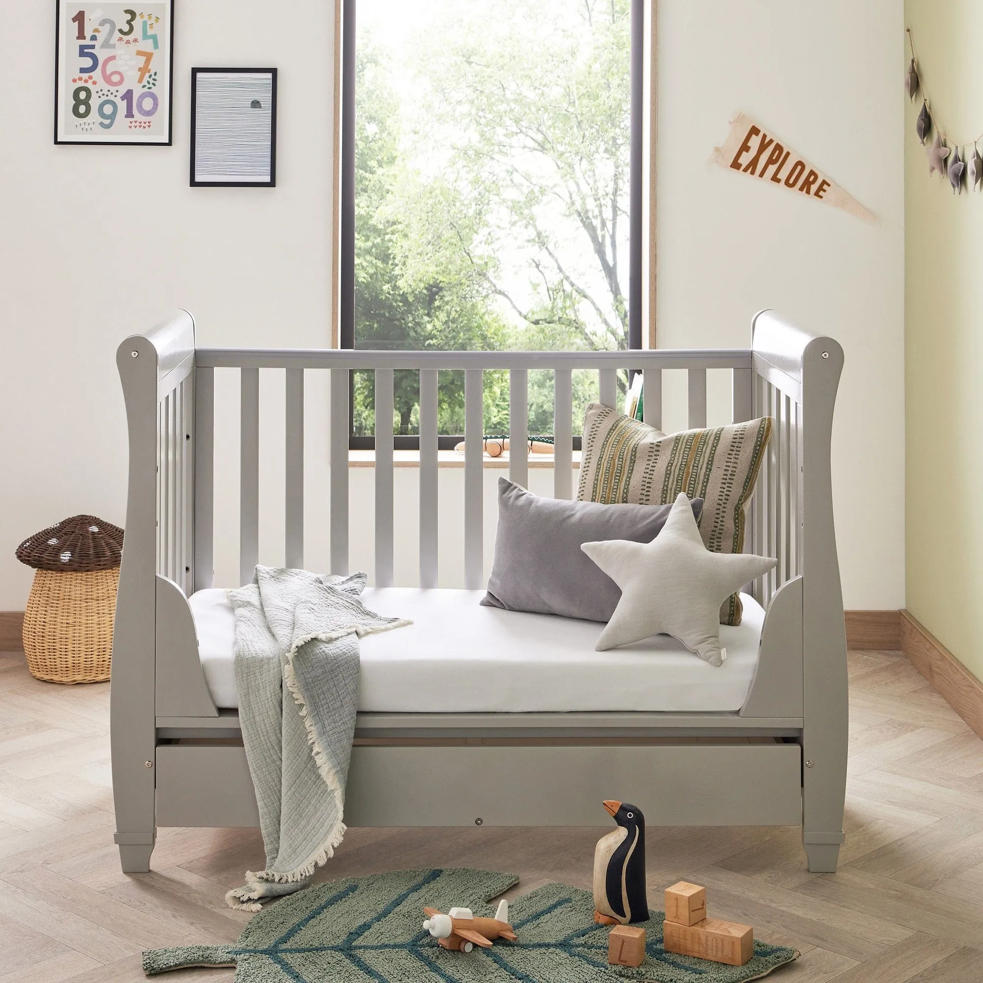 Babymore Eva Drop Side Cot Bed with Drawer - Grey