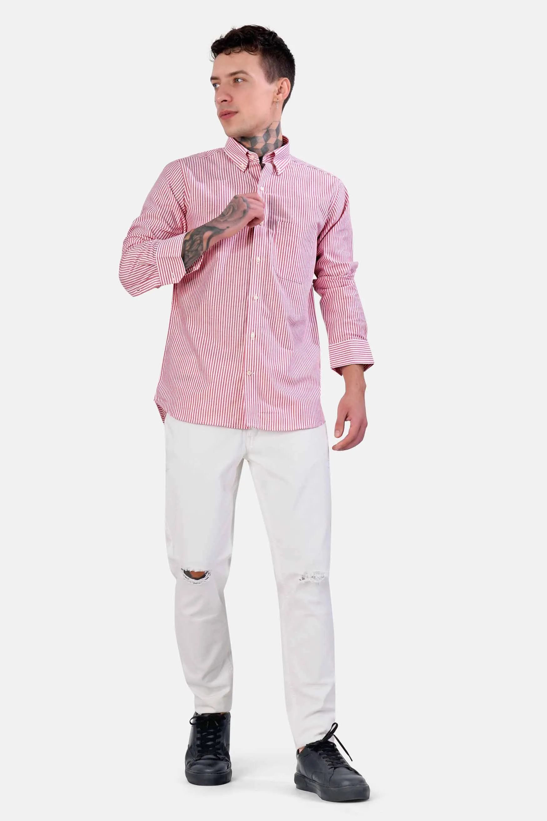 Bashful Pink and White Pinstriped  Royal Oxford Shirt