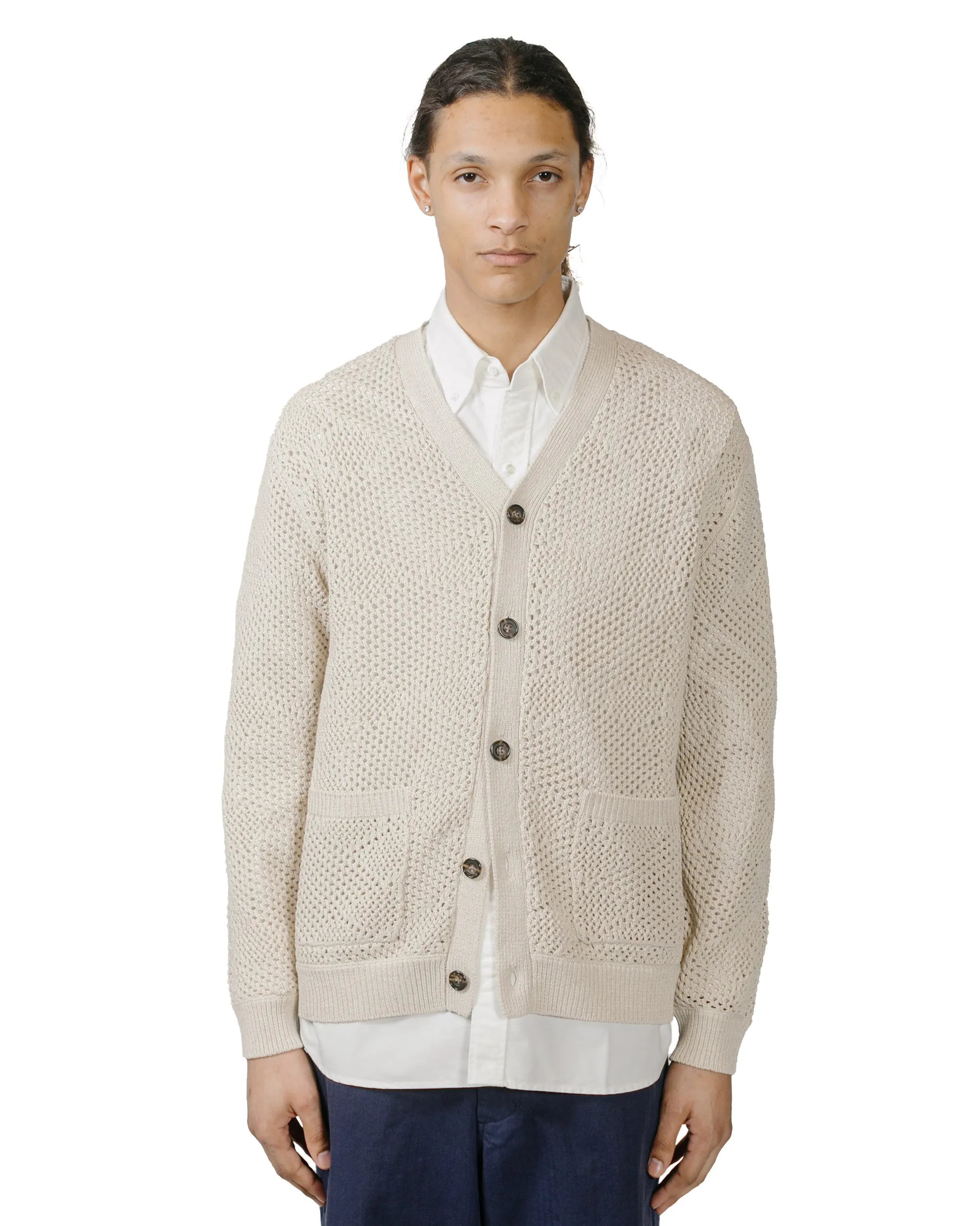 Beams Plus Cardigan Argyle Mesh Beige