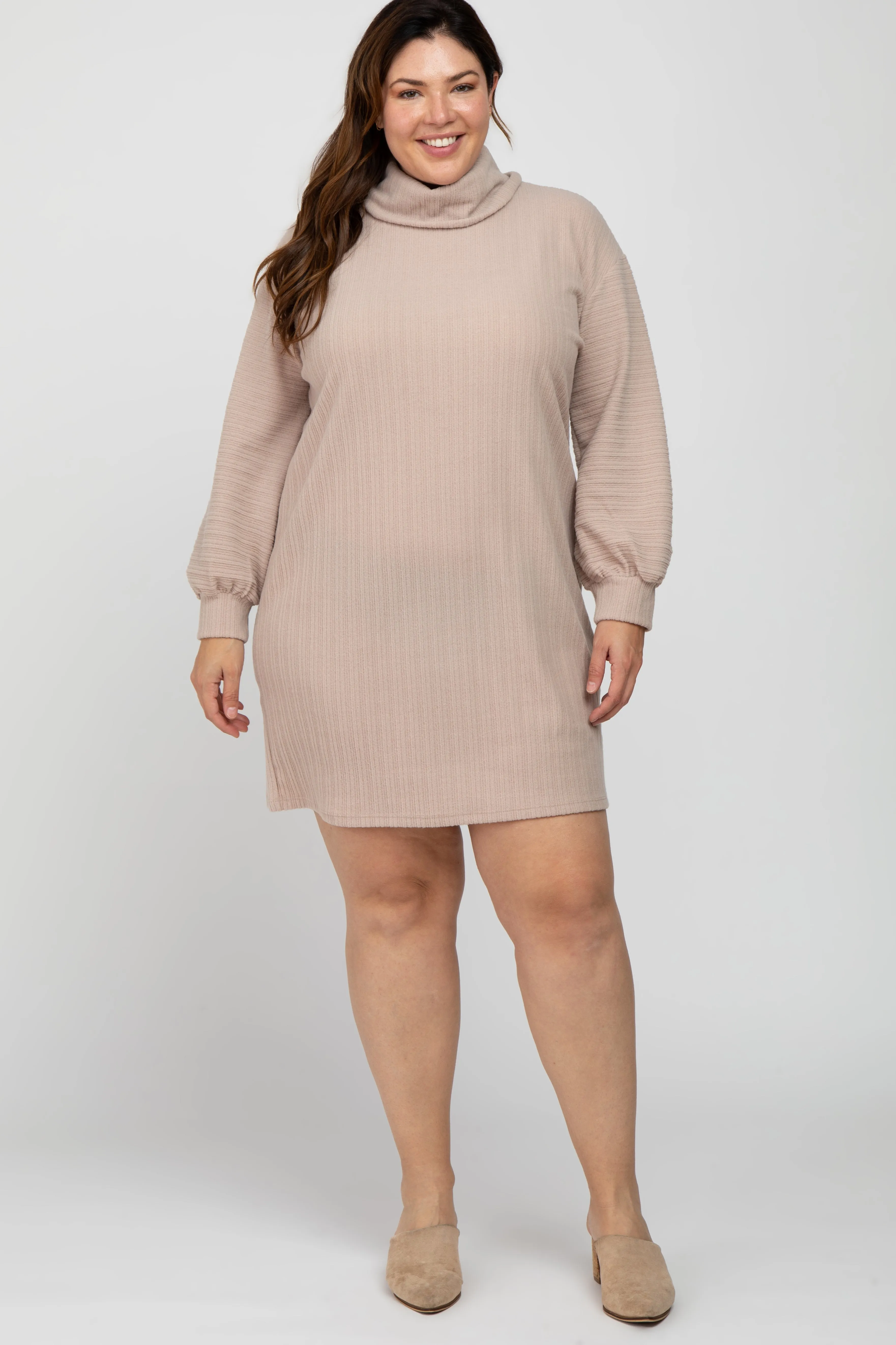 Beige Brushed Rib Turtleneck Plus Dress