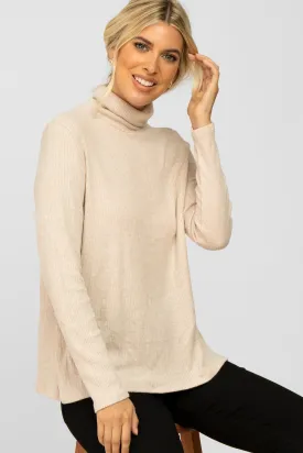 Beige Brushed Rib Turtleneck Top