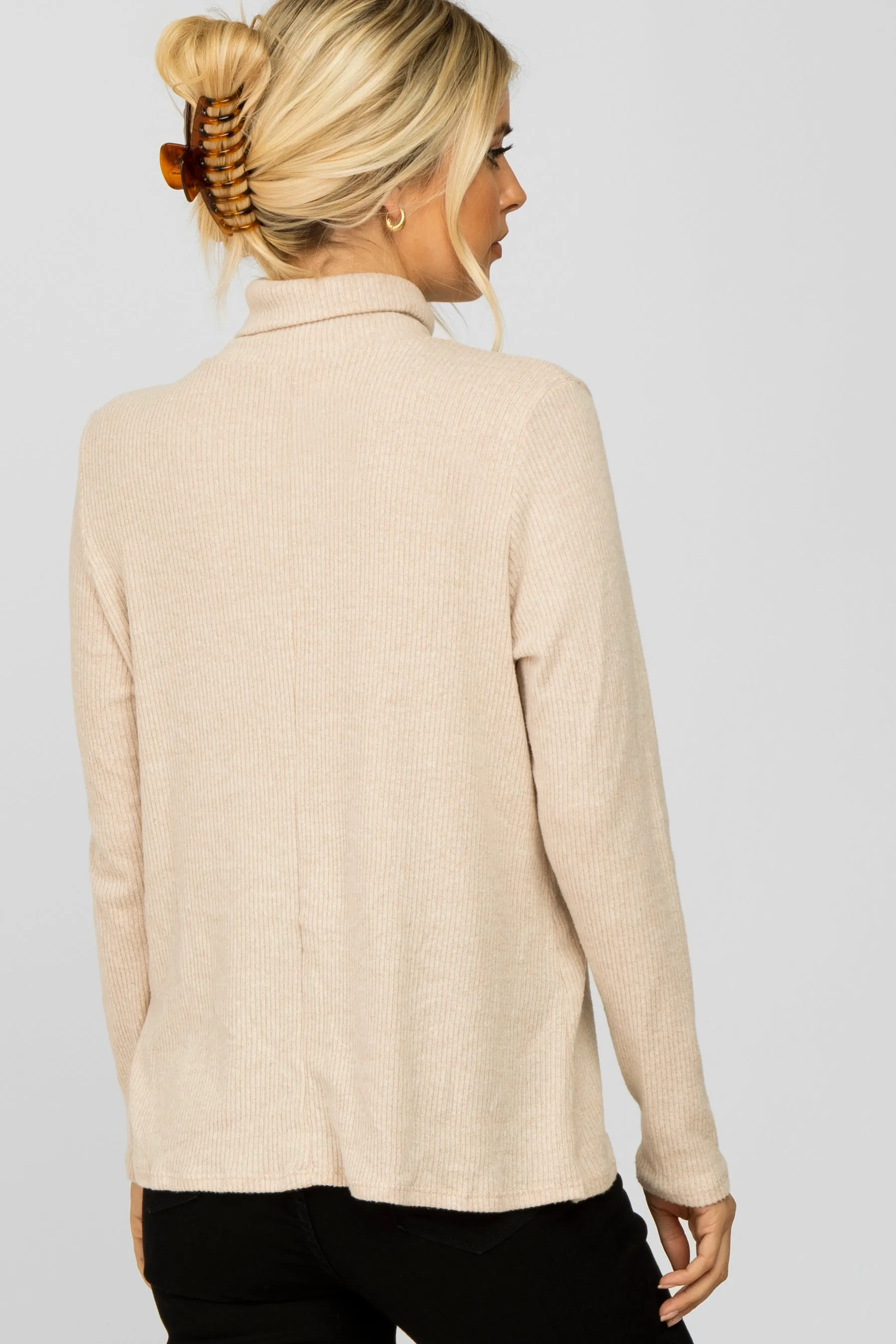 Beige Brushed Rib Turtleneck Top