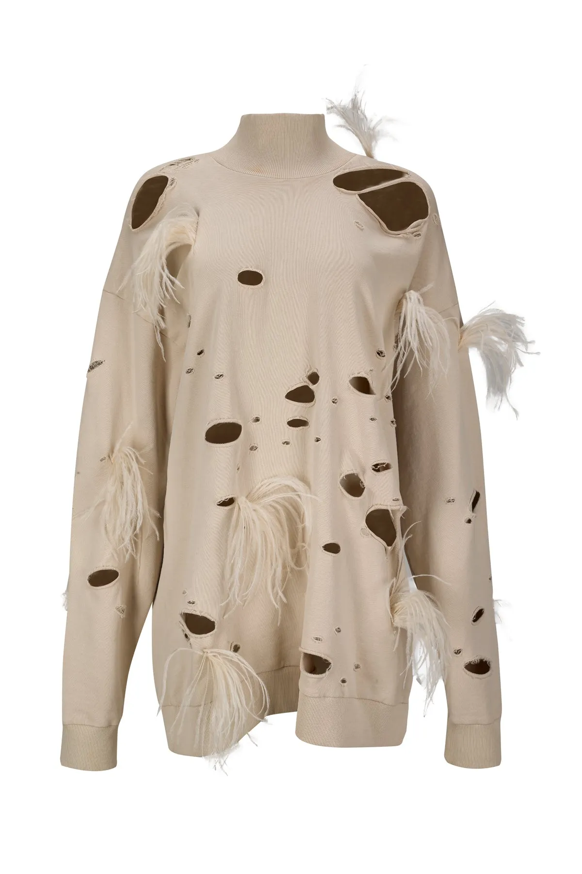 BEIGE DISTRESSED TURTLENECK WITH FEATHERS