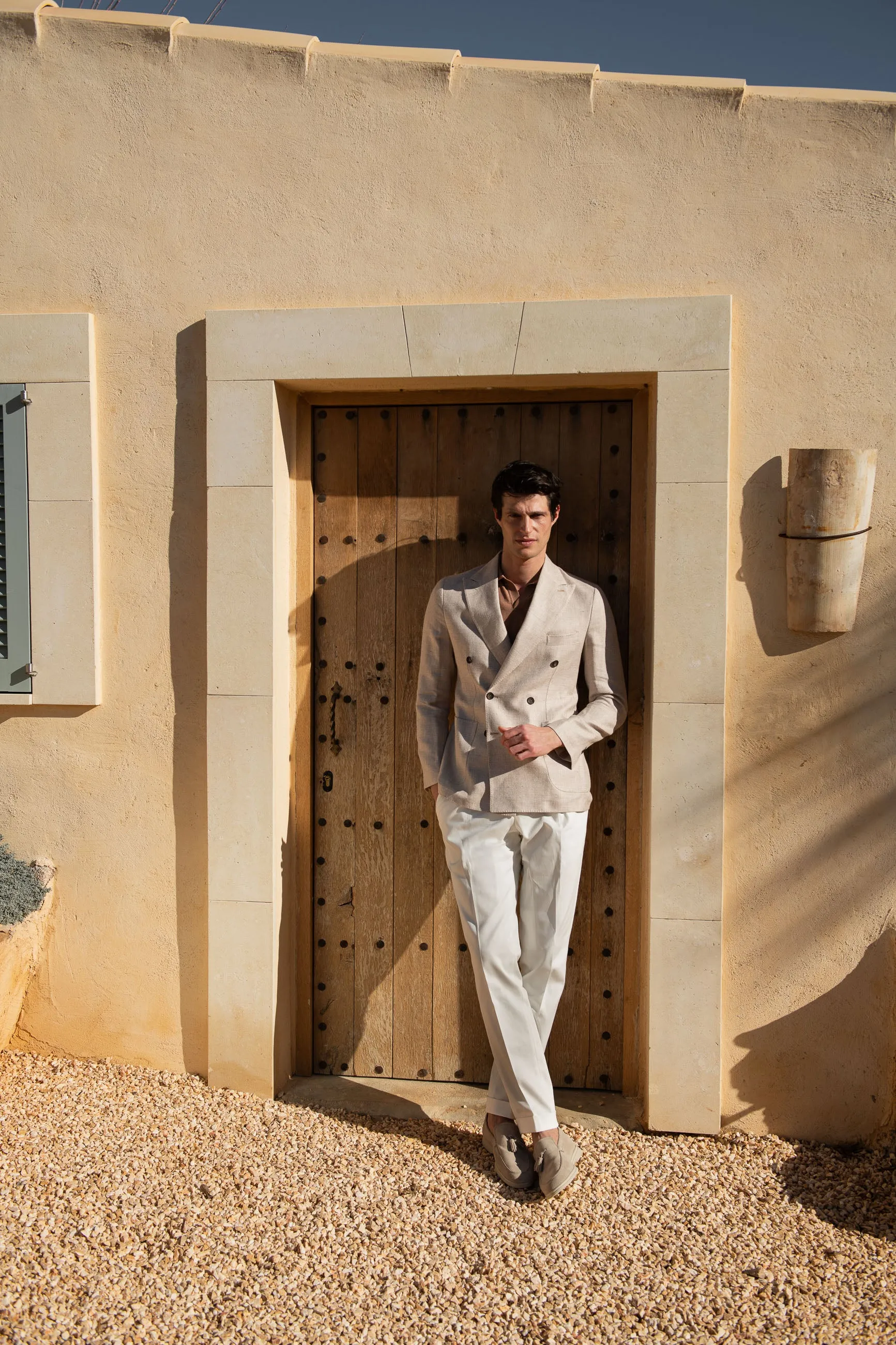 Beige double breasted linen cotton and silk jacket - Made in Italy