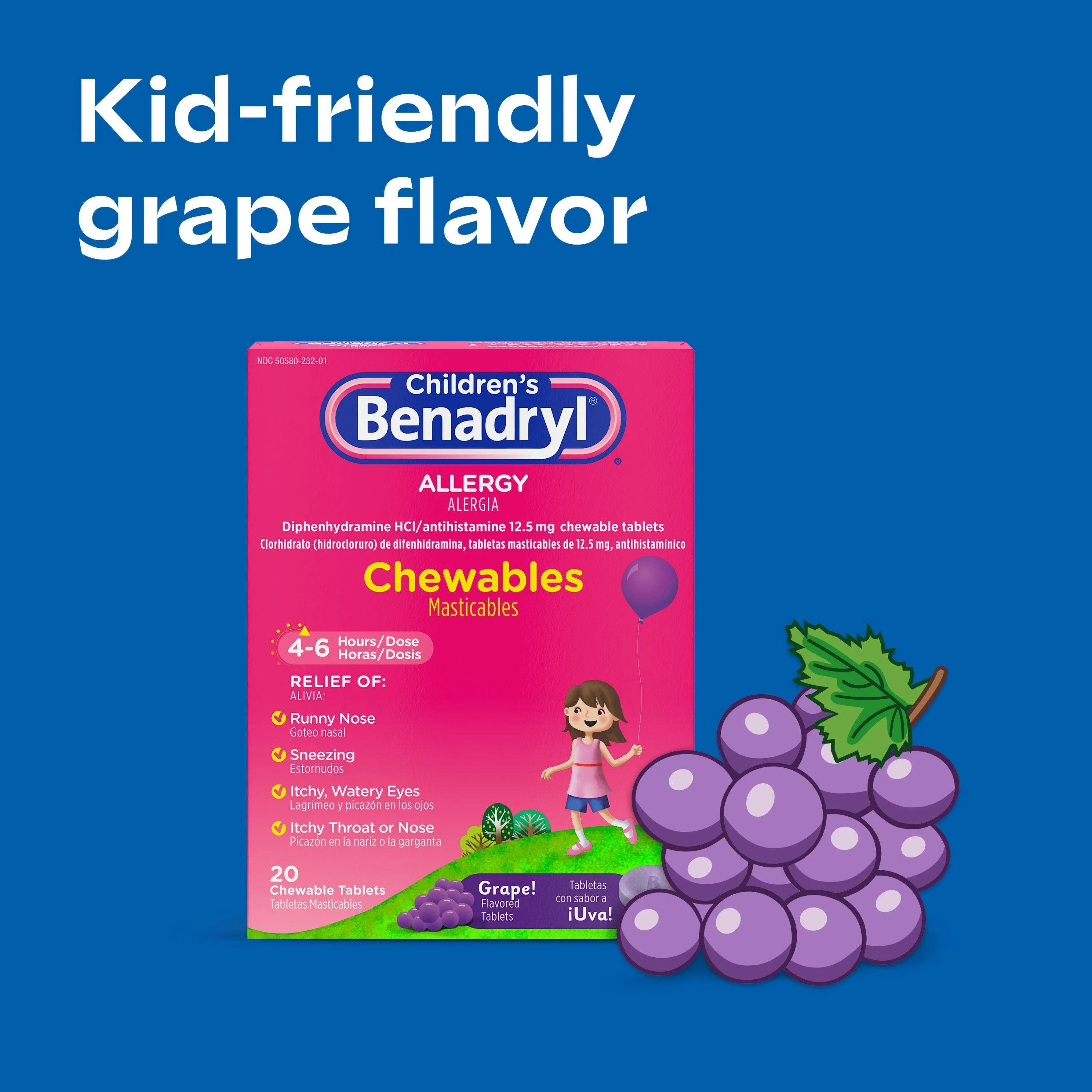 Benadryl Childrens Allergy Chewables Grape 20 Tablets