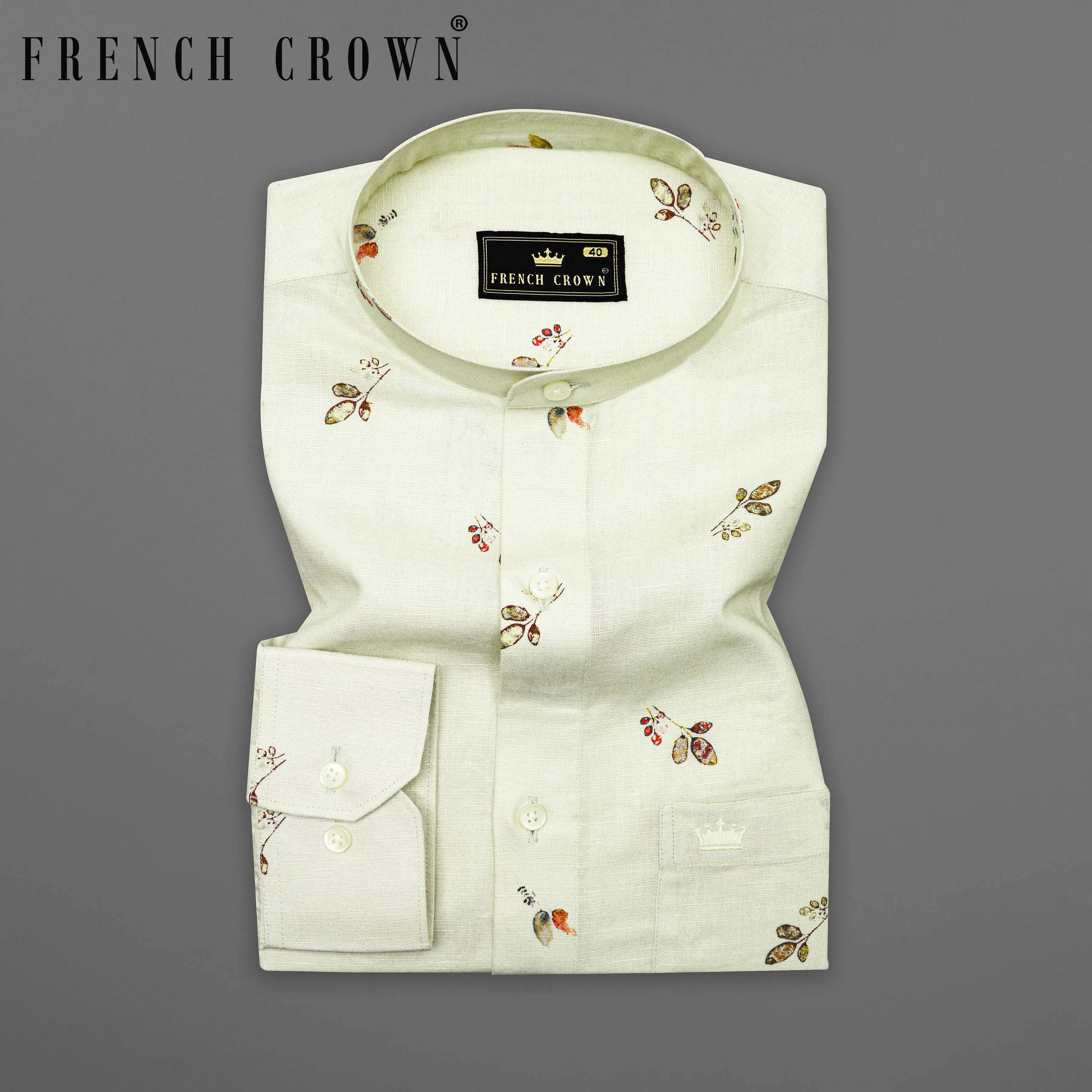 Beryl Beige Leaves Printed Luxurious Linen Shirt