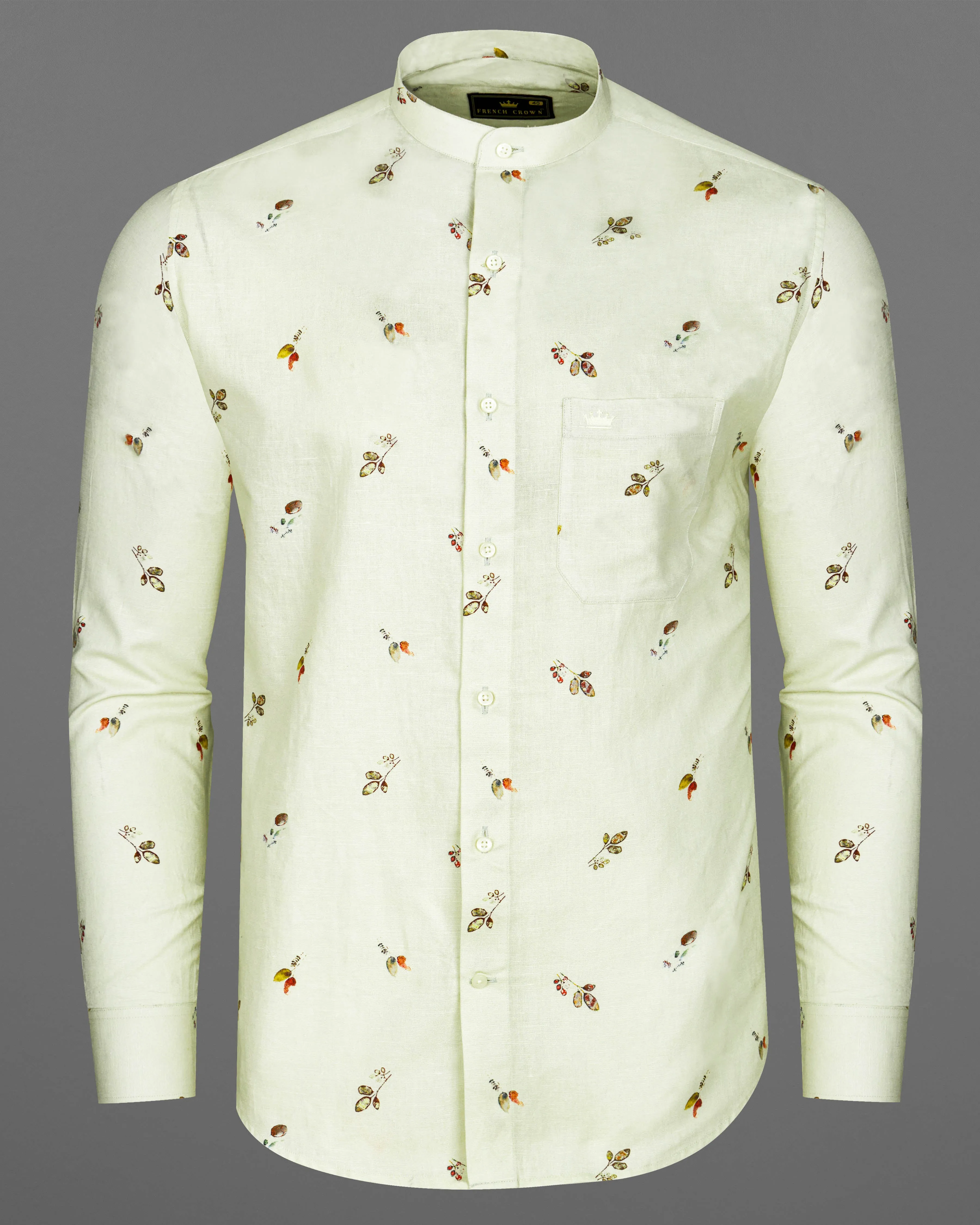 Beryl Beige Leaves Printed Luxurious Linen Shirt