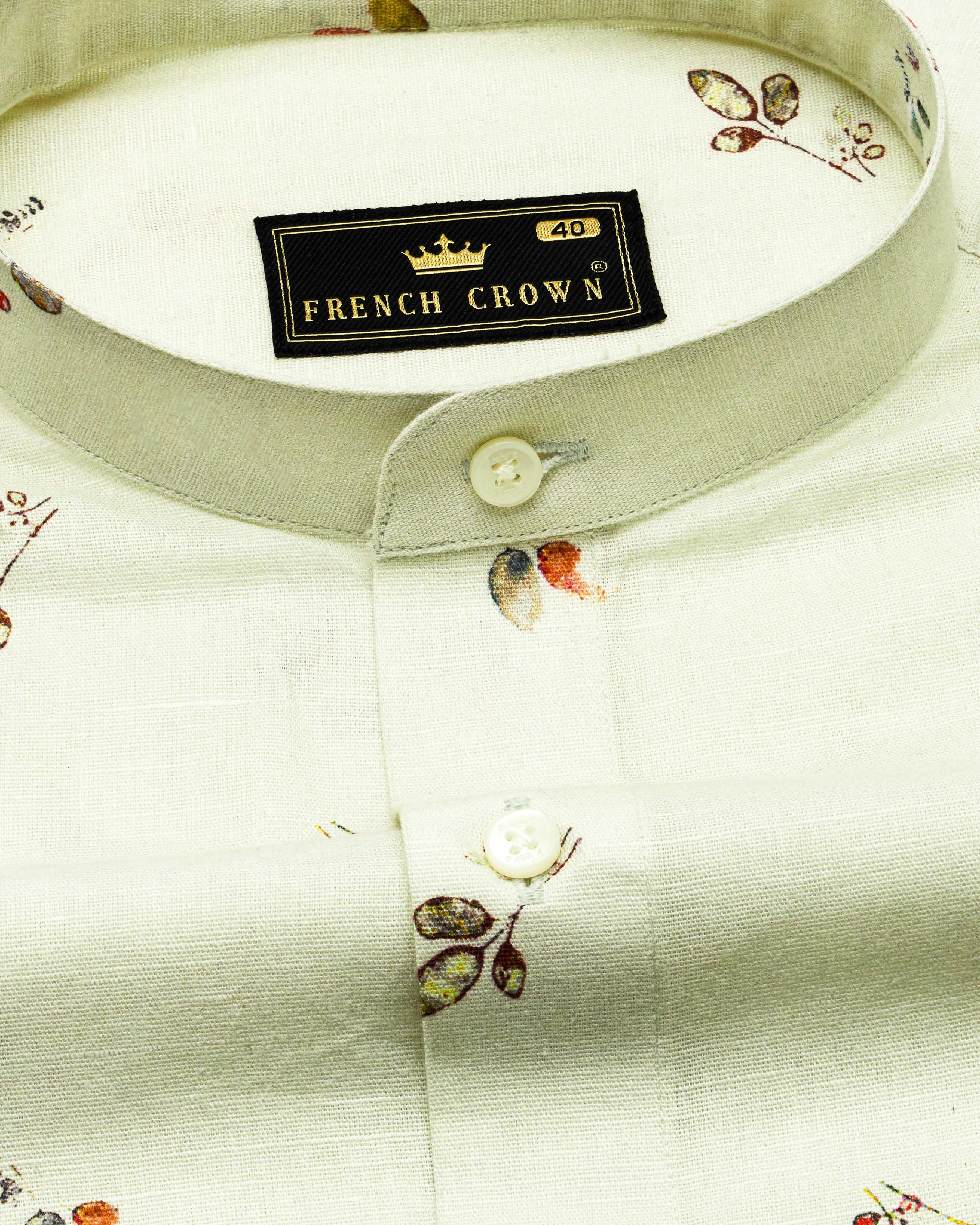 Beryl Beige Leaves Printed Luxurious Linen Shirt