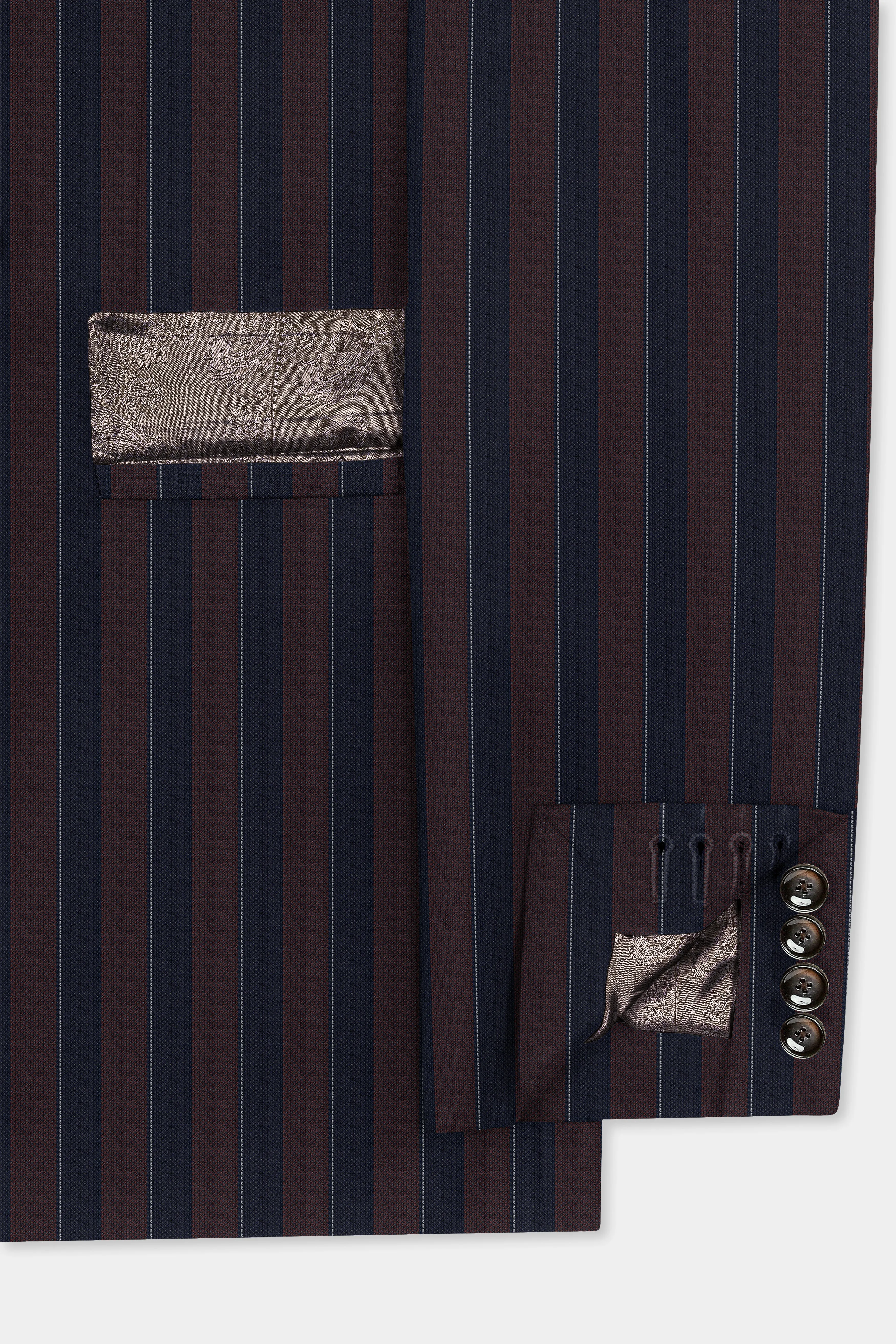 Bistre Brown and Admiral Blue Striped Wool Rich Double Breasted Blazer