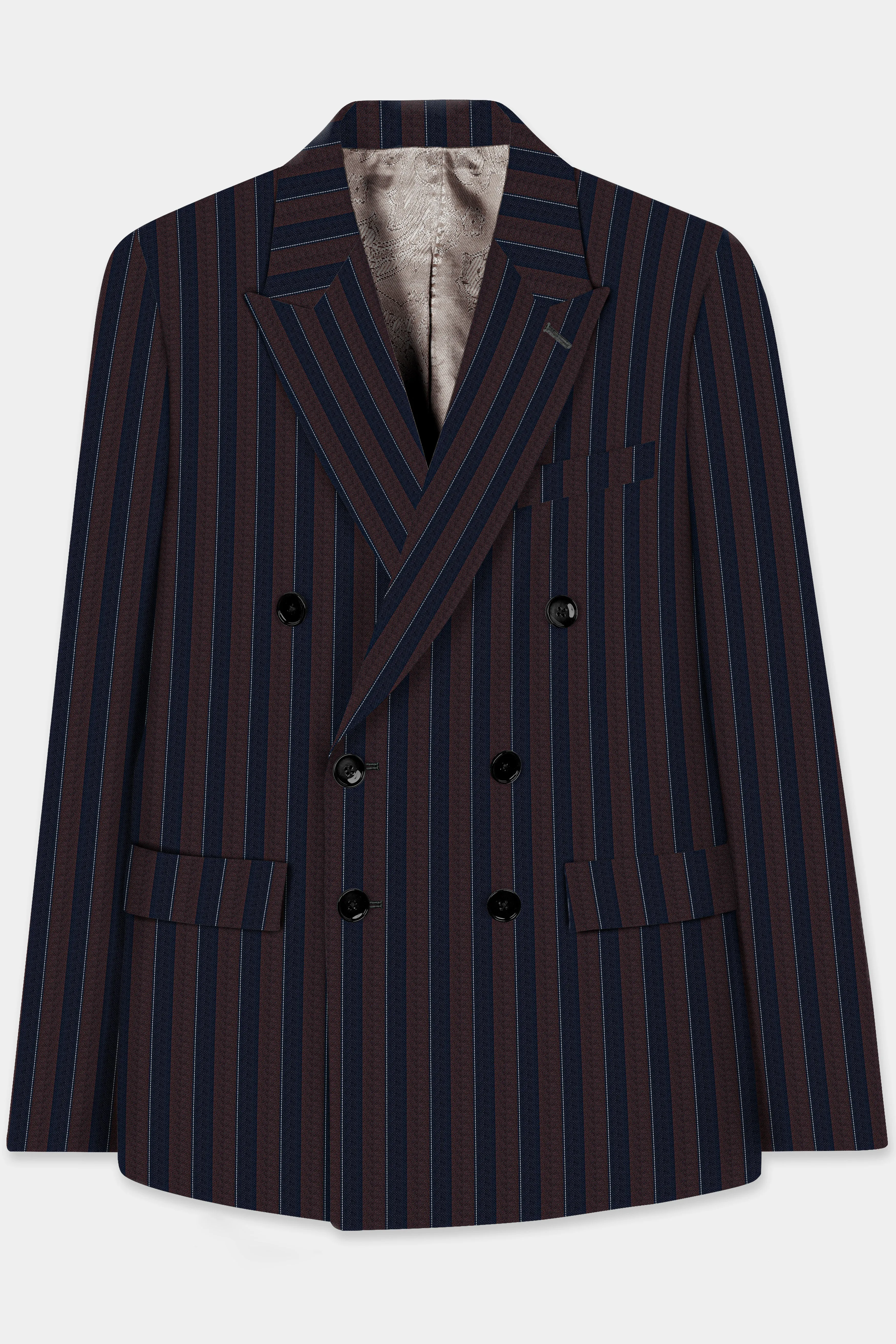 Bistre Brown and Admiral Blue Striped Wool Rich Double Breasted Blazer