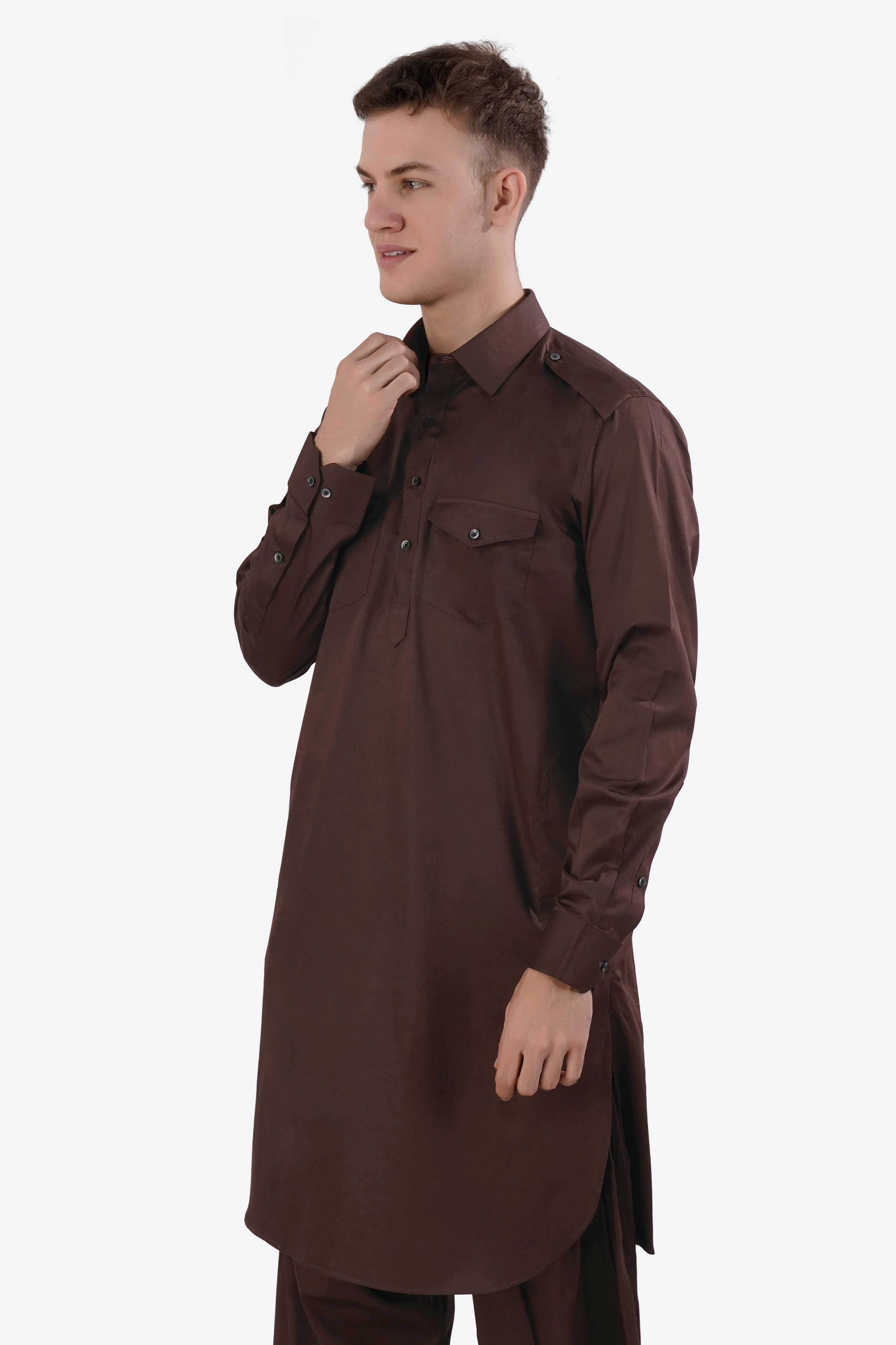 Bistre Brown Subtle Sheen Super Soft Premium Cotton Pathani Set